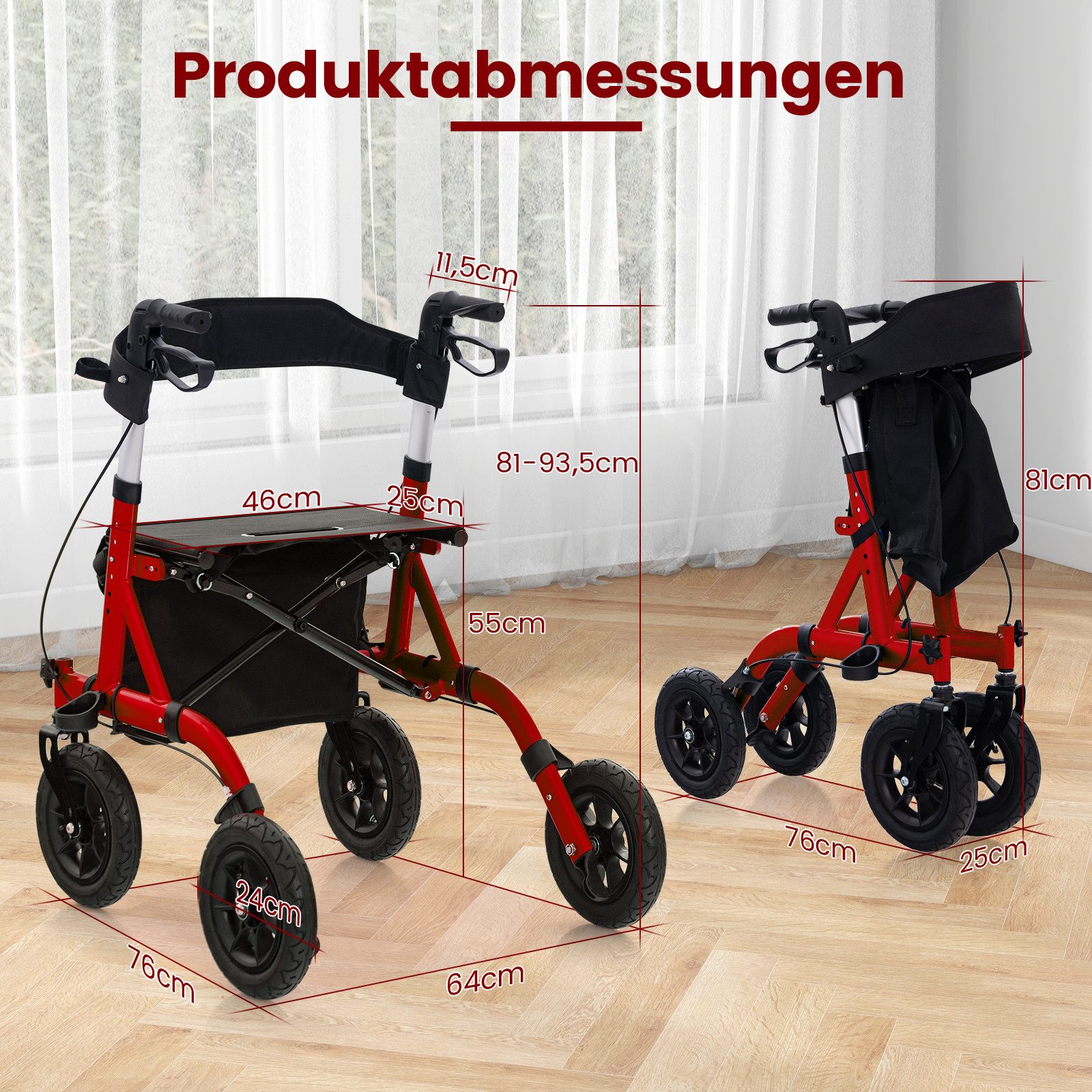 COSTWAY Rollator, 6-fach verstellbar Griff mit Handbremse bis 136kg faltbar