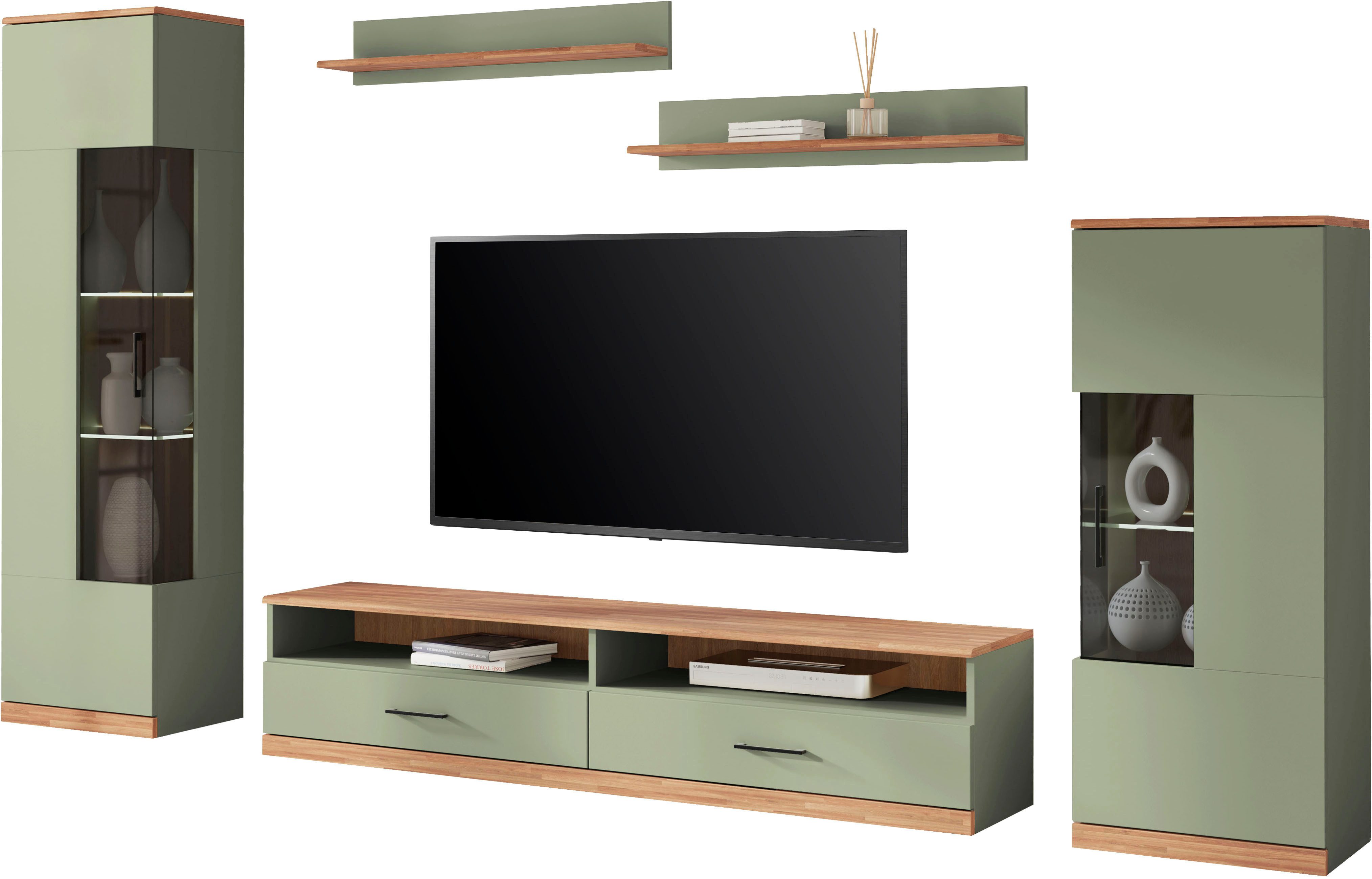 OTTO home Wohnwand Ribe: 5‑teilig, Oberplatte aus Massivholz, viel Stauraum, Trendfarbe, (5-St), Breite: 240cm, Glaseinsatz aus gehärtetem Glas, variable Einlegeboden