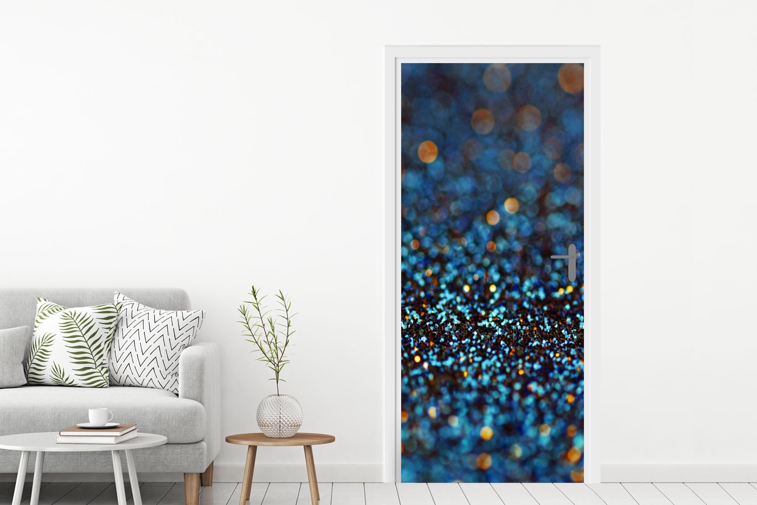 Tür, St), Türaufkleber, (1 Fototapete - für MuchoWow Design, 75x205 - cm bedruckt, Türtapete Glitter - Matt, Blau Abstrakt
