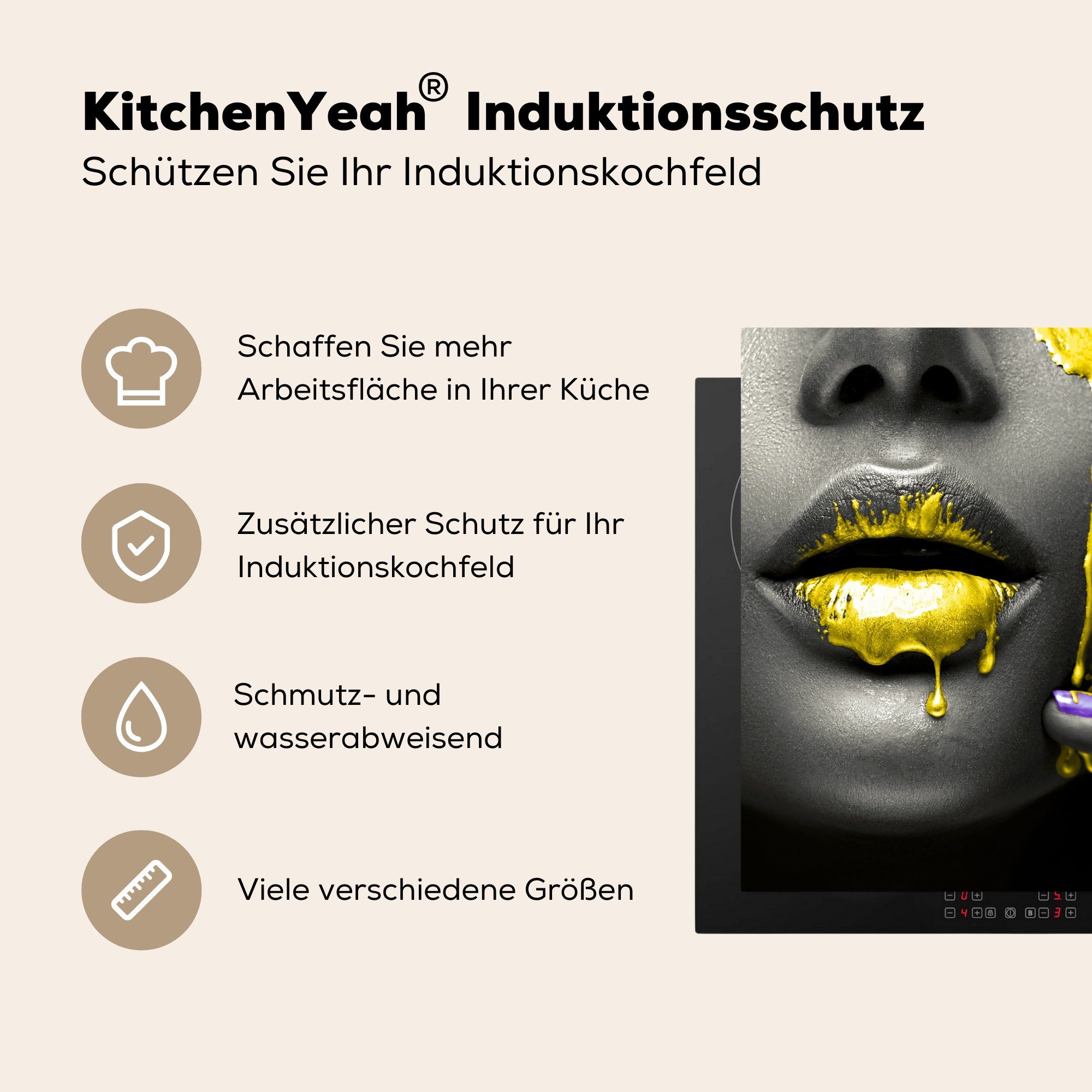 (1 für Gelb Arbeitsplatte cm, Herdblende-/Abdeckplatte Ceranfeldabdeckung, Schwarz, - küche - tlg), Vinyl, 78x78 MuchoWow Lippen