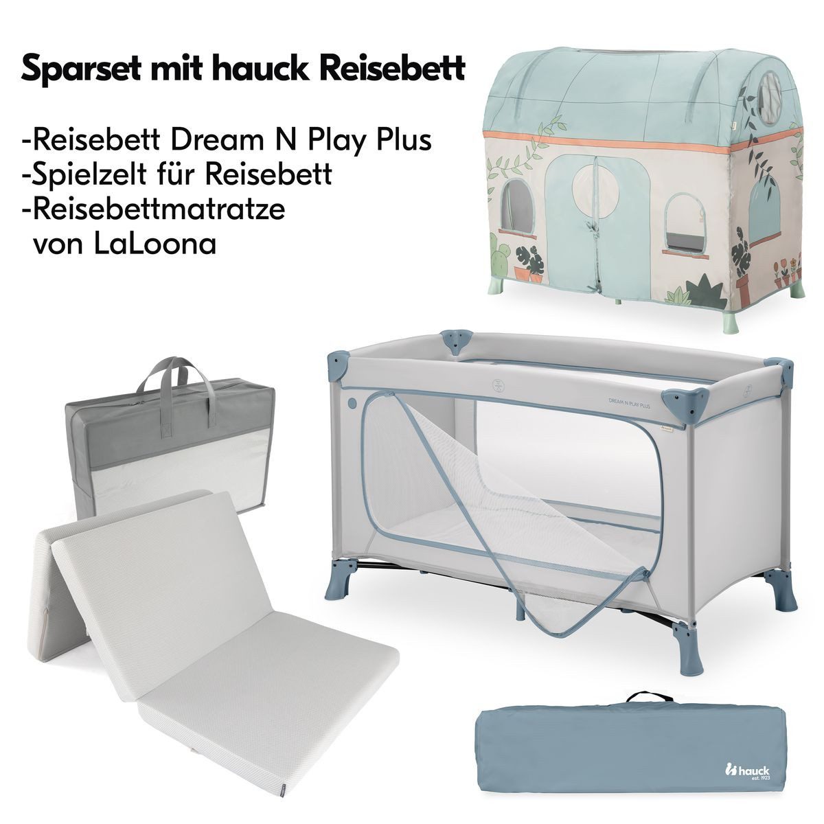 Hauck Baby-Reisebett Dream N Play Plus Set - Dusty Blue, Baby Kinderreisebett mit großem Eingang, Matratze & Spielzelt faltbar