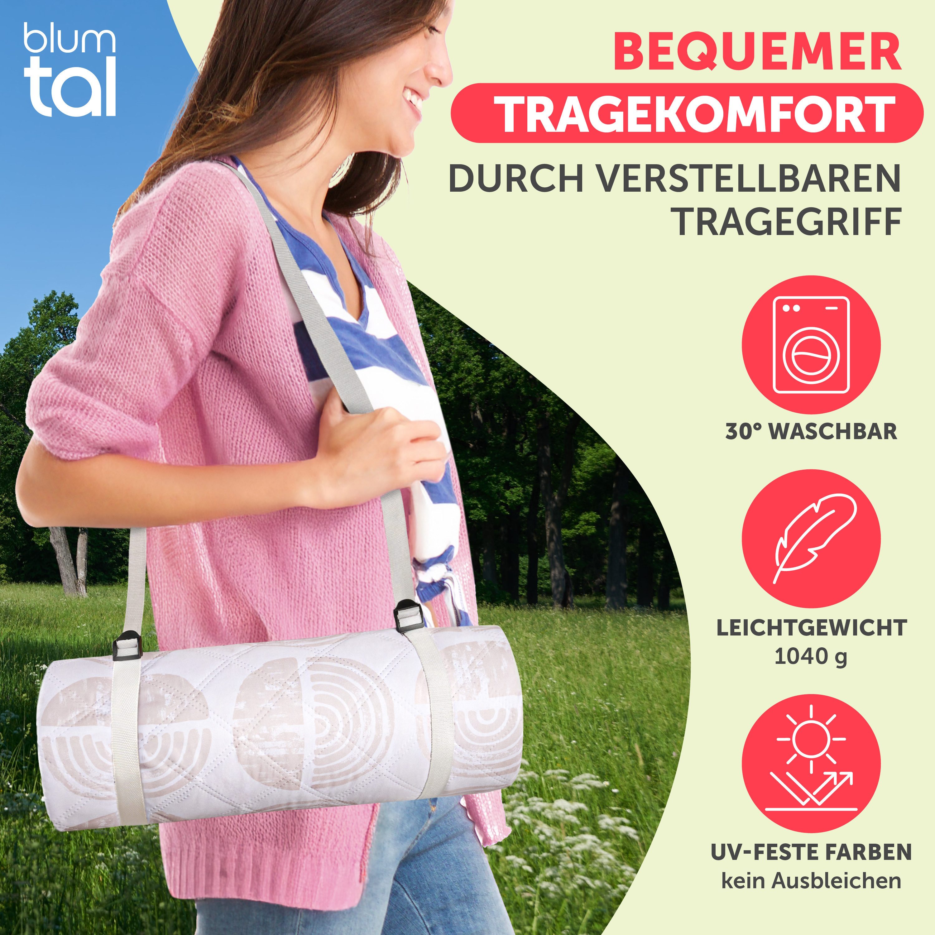 Picknickdecke Premium Picknickdecke wasserabweisend - Boho & TERRAZZO Design, Blumtal, 200x200 cm, waschbare Stranddecke sandfrei + weiche Zwischenfüllung