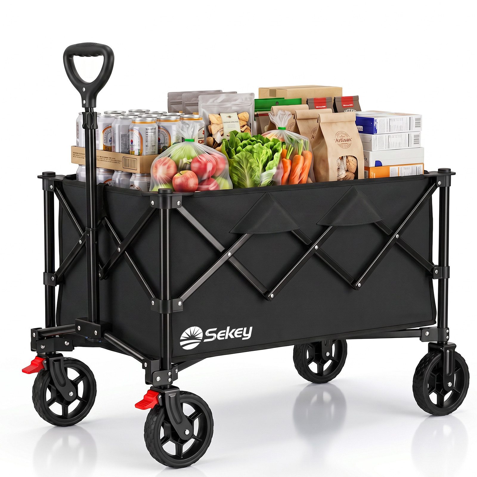 Sekey Bollerwagen Bollerwagen Faltbar Handwagen Belastbar bis 150kg Transportwagen, Zusammenfaltbar aus 4 Richtungen, mit verstellbarem Handgriff