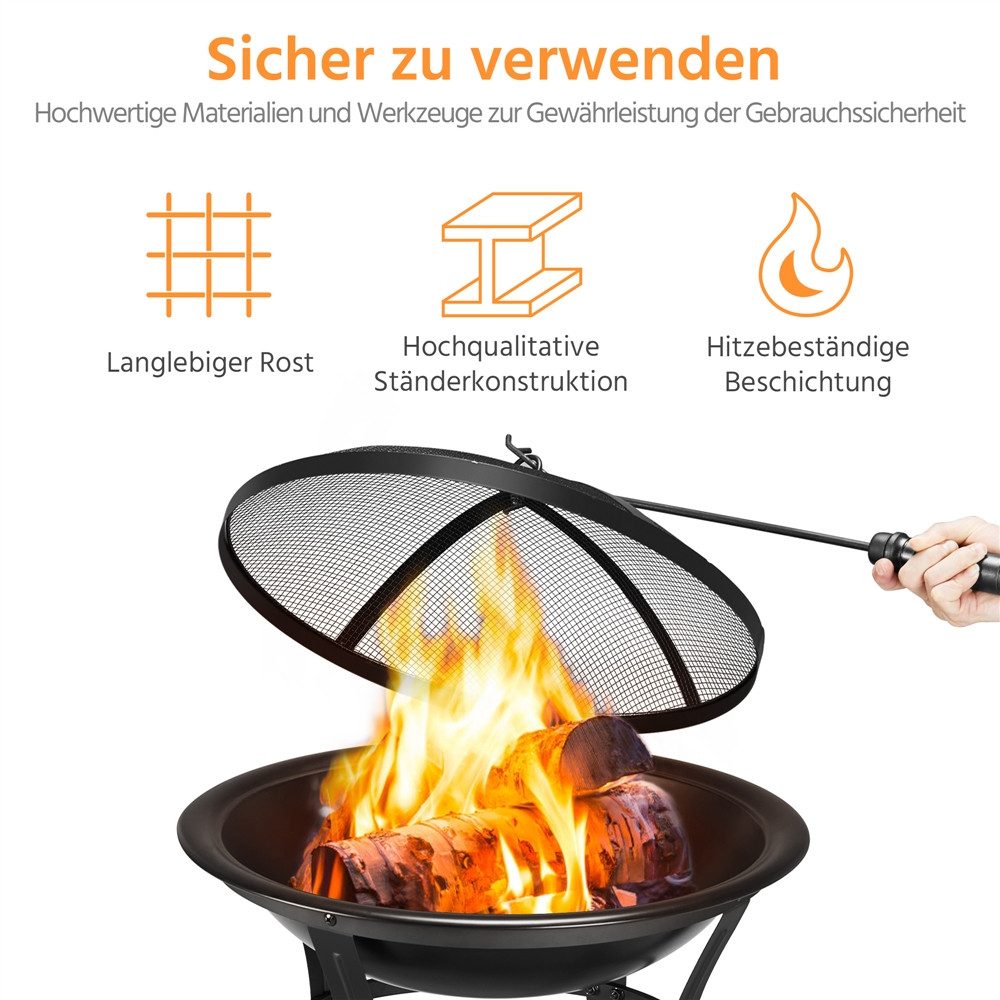 Yaheetech Feuerschale mit Funkenschutz & Schürhaken, Feuerstelle Feuerkorb für den Garten/Terrasse/Camping/Party