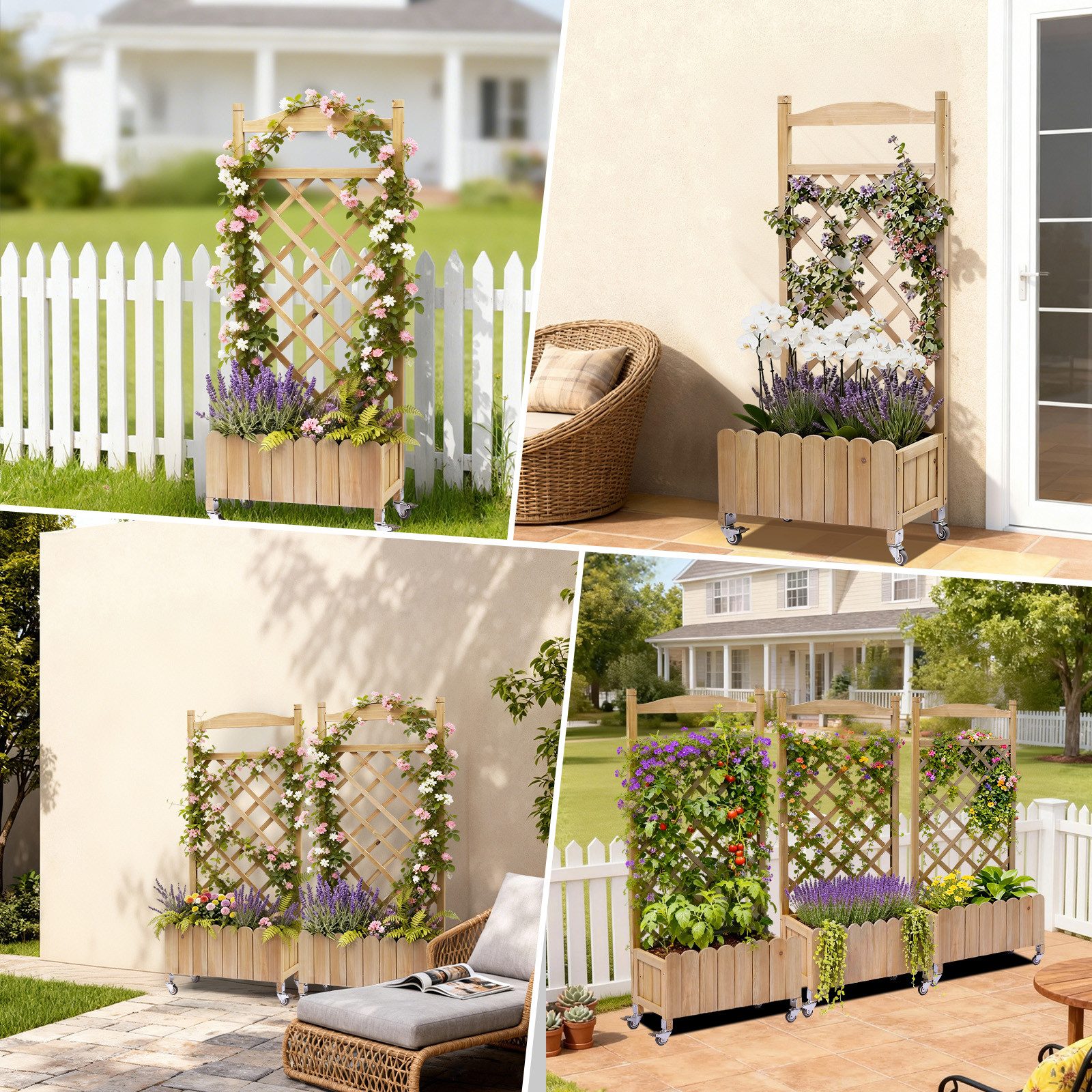 COMHOMA Blumenkasten Rankgitter Pflanzkasten mit Rollen, Holz Hochbeet mit Spalier (2 ST., 1 St., Farbe und Menge sind optional), wetterbeständiger Pflanzenkübel mit Drainagelöchern