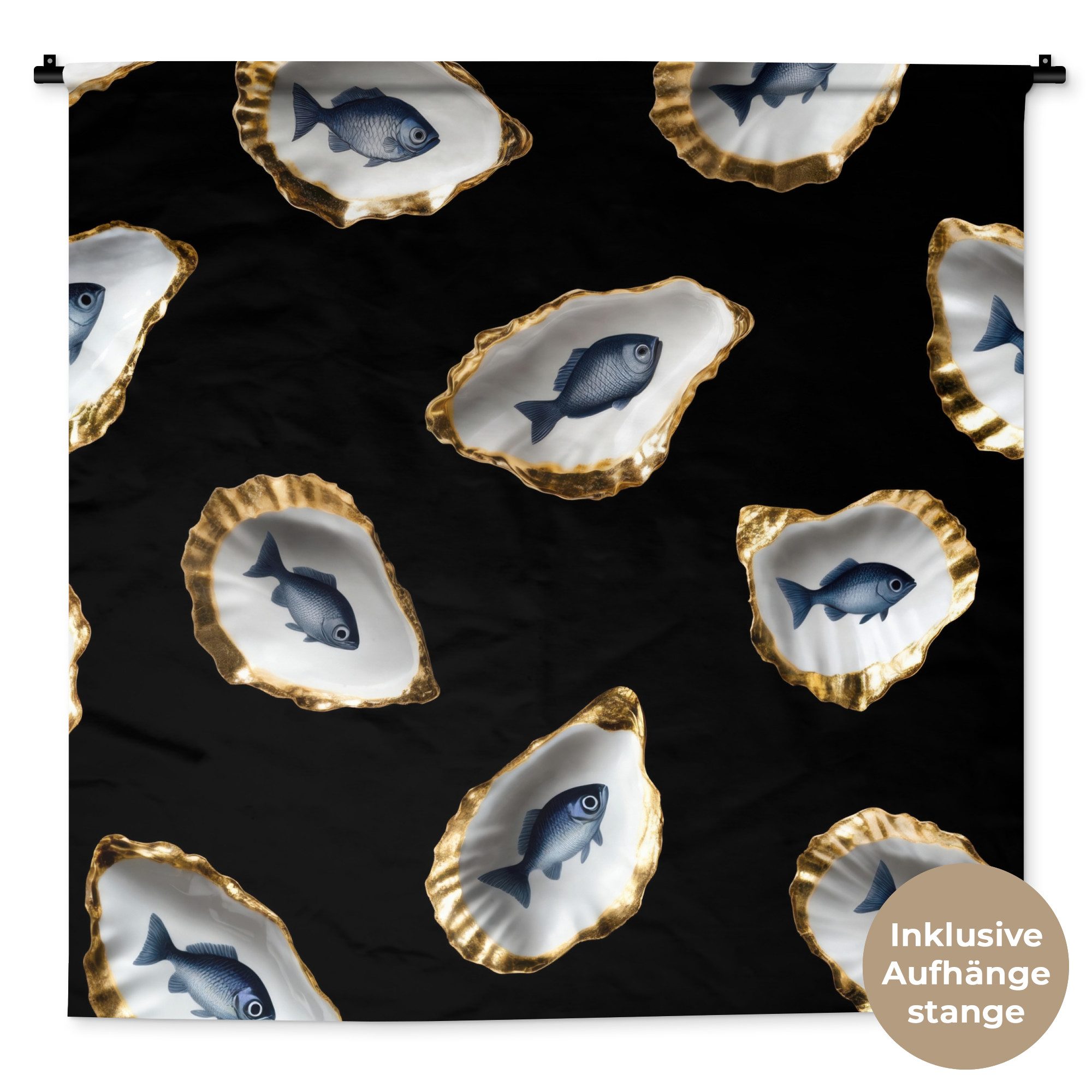 MuchoWow Wandteppich Austern - Fisch - Blau - Gold, Quadratisch, Höhe: 3 mm, Wandtuch, Wanddekoobjekt, 120x120 cm