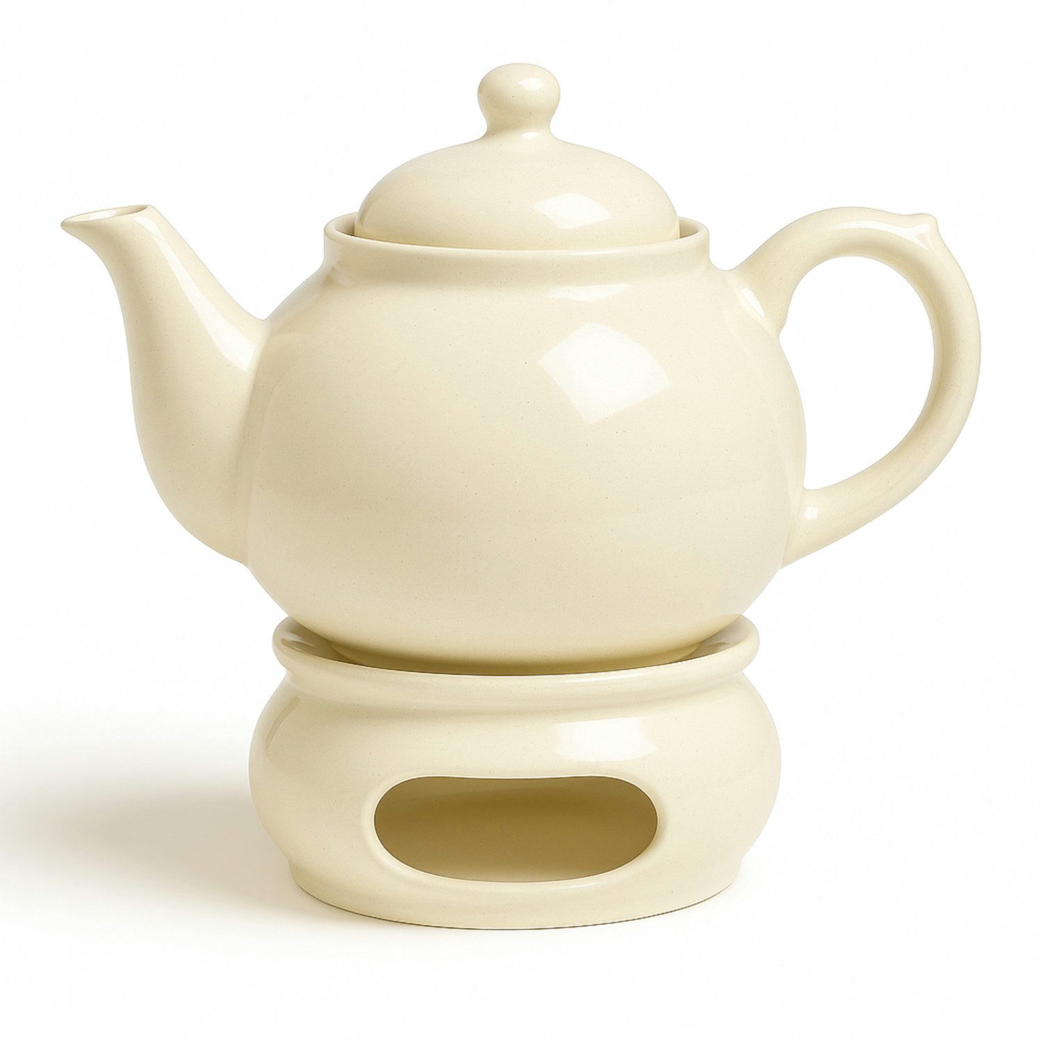 Bunzlauer Keramik Teekanne 1,25 L Teekanne mit Stövchen – Klassische, rundliche Form, Dekor Creme, 1,25 l