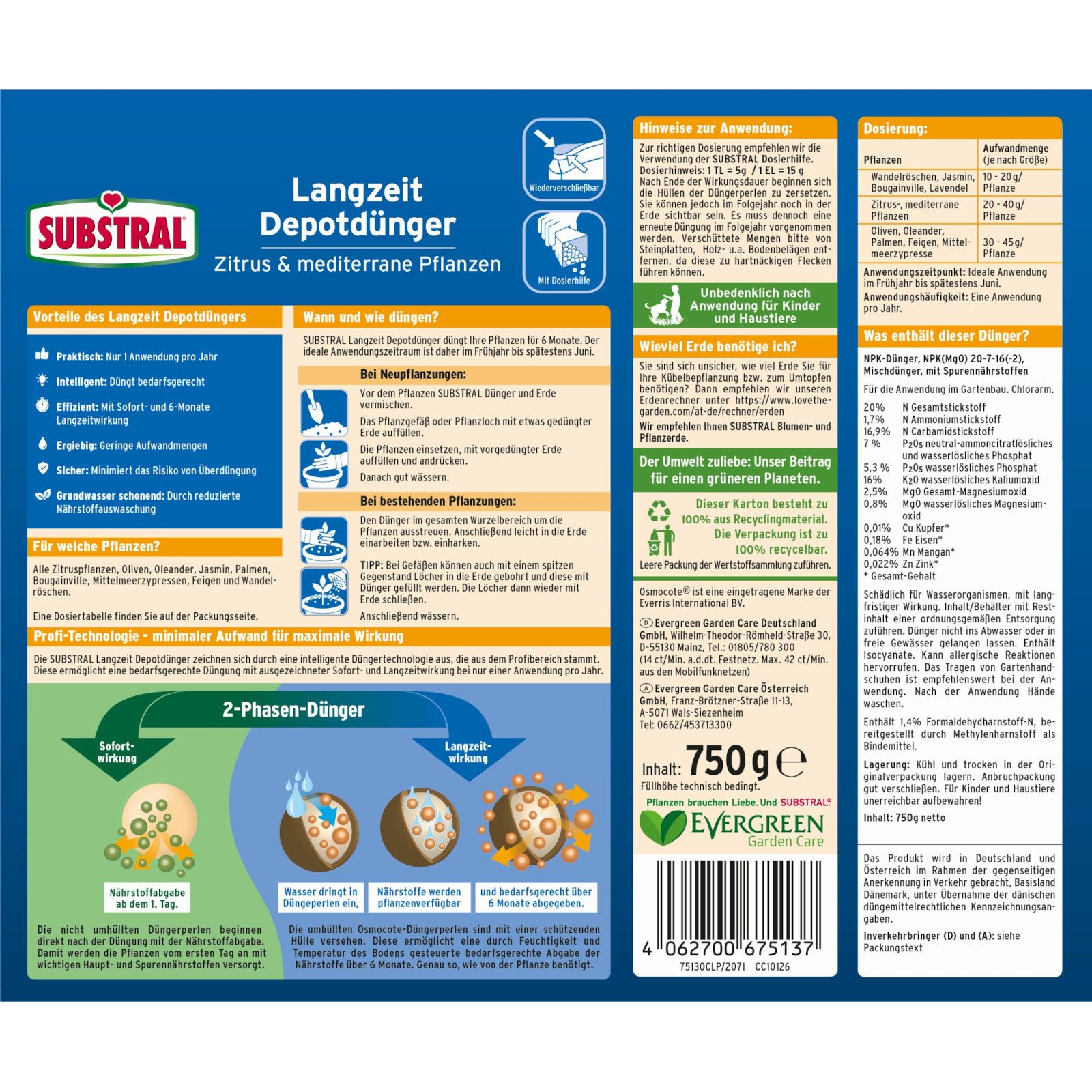 Substral Langzeitdünger Langzeit Depotdünger für Zitrus & Mediterrane Pflanzen 750 g