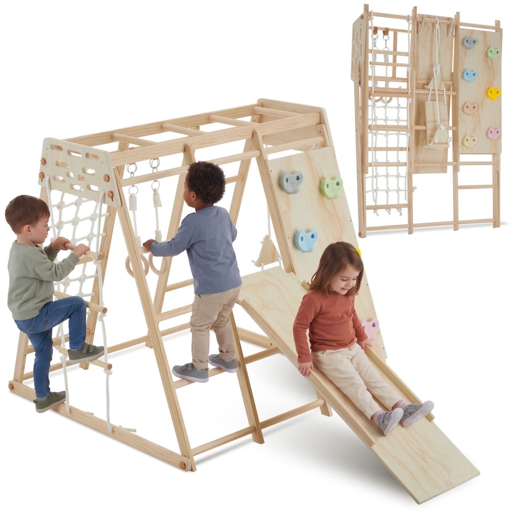 tectake Klettergerüst Indoor Holz Kletteranlage 8in1 klappbar, (Turngerüst Mont Blanc, in Hellbraun), Für bis zu 3 Kinder, splitterfrei und mit abgerundeten Kanten
