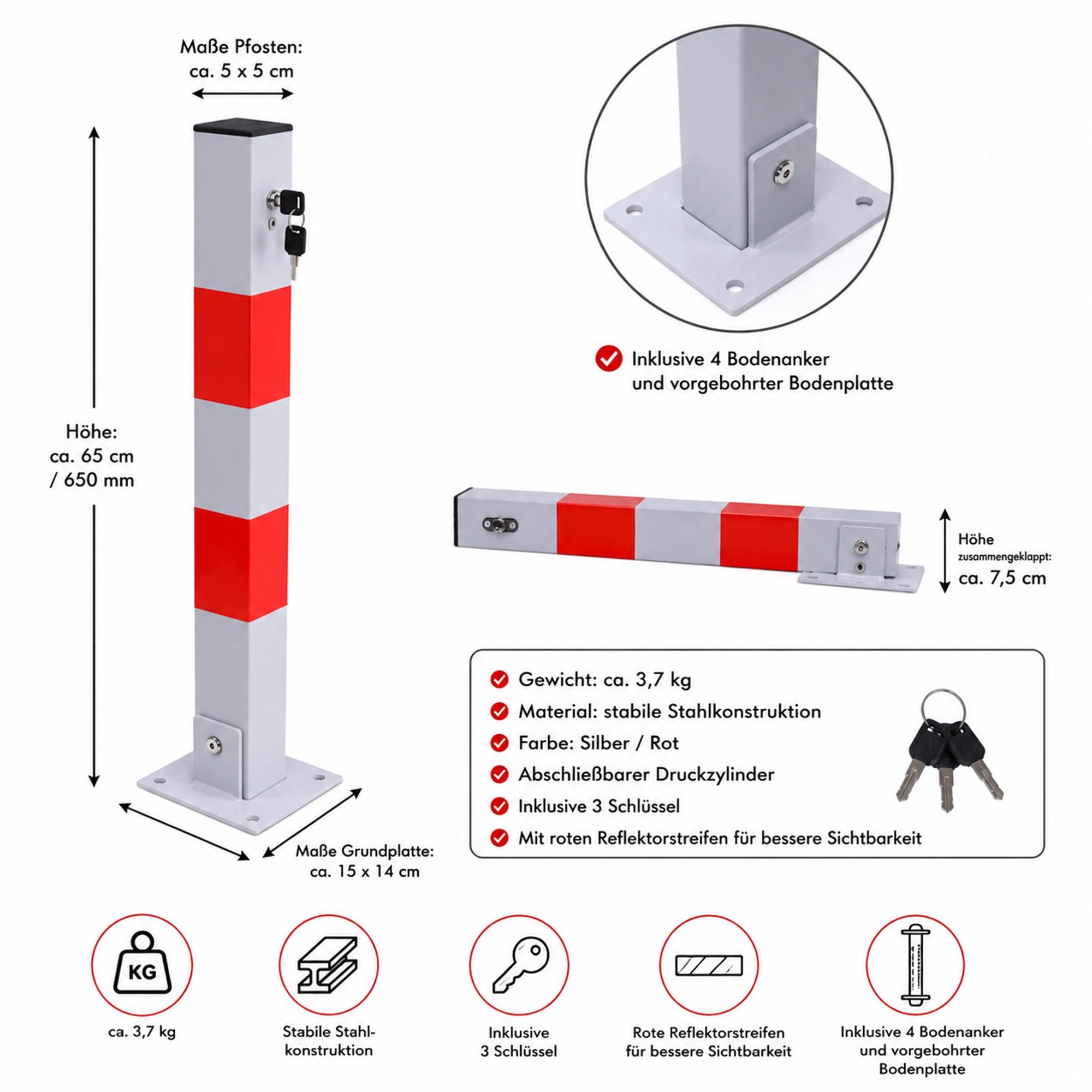 Mucola Absperrpfosten Parkpfosten klappbar Parkplatzsperre 65CM Absperrpfosten Poller (Stück, 1-tlg., inkl. Schlüssel, Parkplatzbügel, Bodenanker), Spezielles outdoor Pulver und besonders dicke Pulverbeschichtung