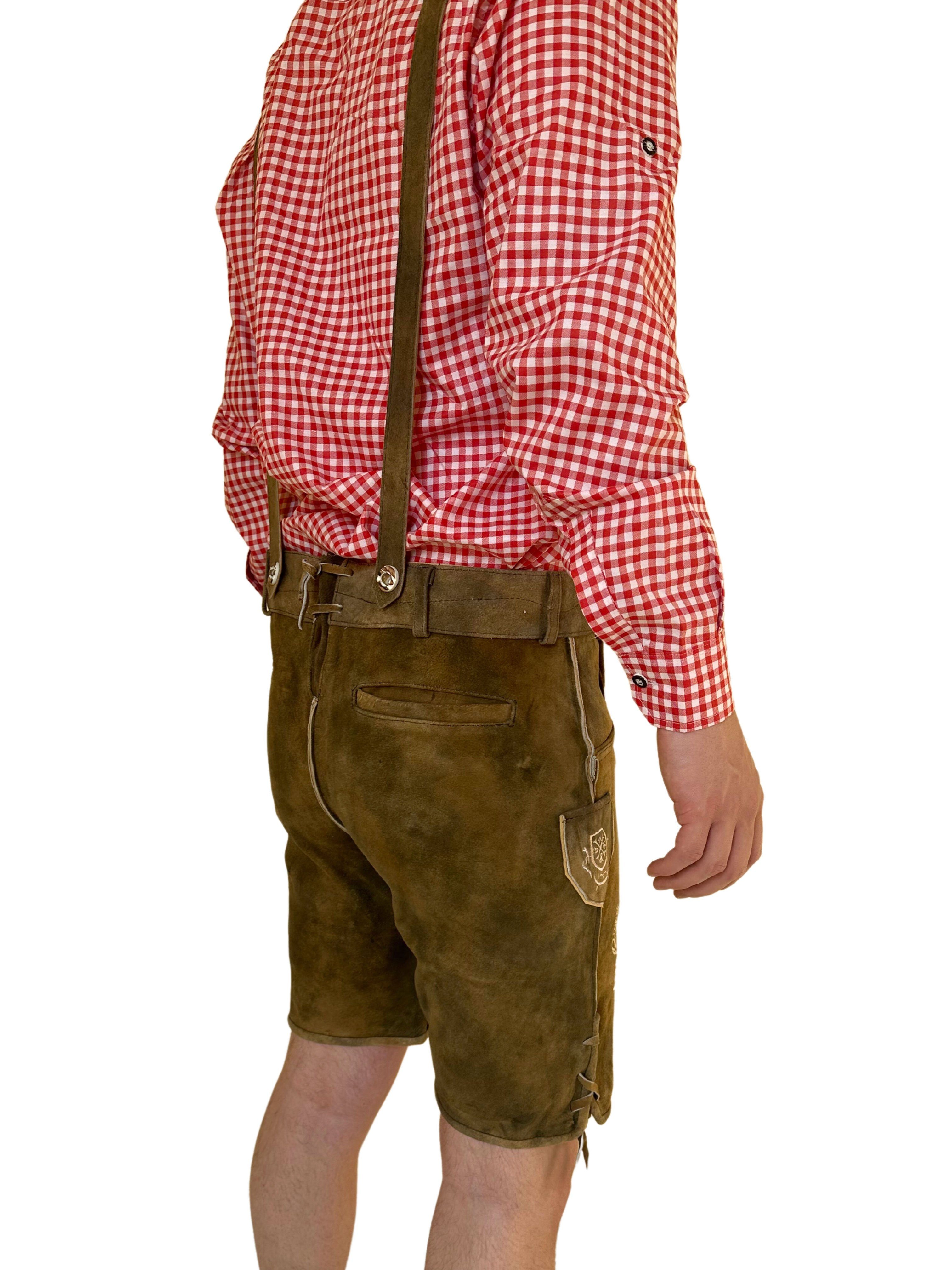 Trachtenhose Dretaild Tracht Oktoberfest mit, kurz Hosenträger Premium Lederhose Herren Ziegenleder Deluxebestickung