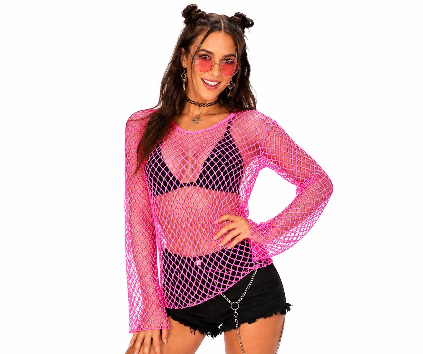 Das Kostümland Kostüm Neon Netzshirt Damen, Pink - 80er Rave Disco Fe