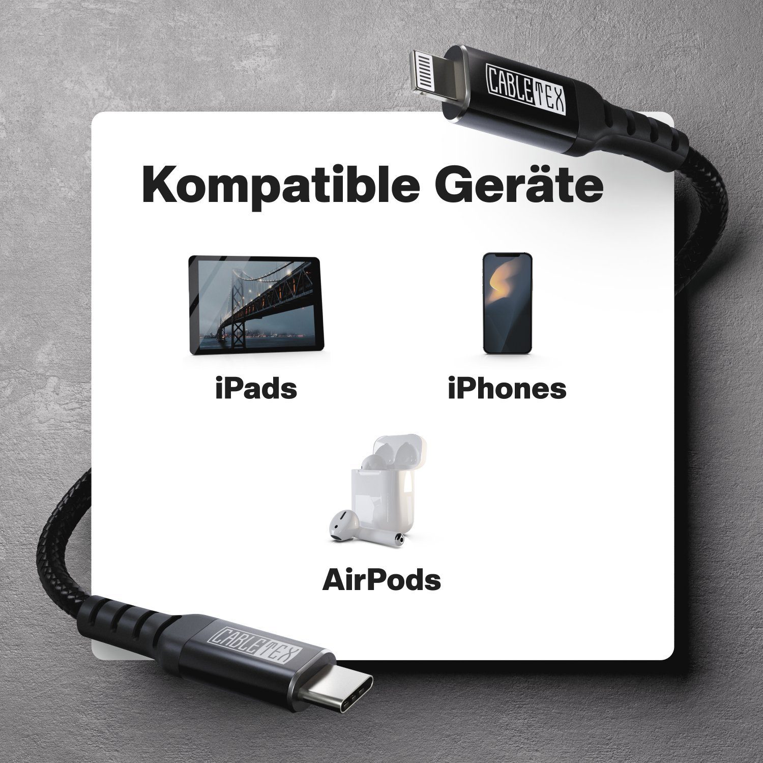 CABLETEX USB C zu Lightning Kabel für iPhone und iPad Ladekabel Lightningkabel, Lightning, USB-C (200 cm), MFi-Zertifizierung – Bild 3 von 5