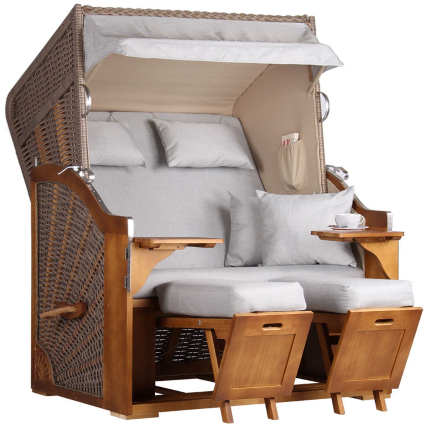 MR.DEKO Strandkorb Zweisitzer Schleswig Vollieger Pinie Braun PE Mokka 120x160cm, BxTxH: 120x80x160 cm, 2-Sitzer, Schleswig, (Zweisitzer Strandkorb mit Bistrotischen & Подножки), Bereits montiert, UV-beständig, Volllieger & Edelstahl-Beschläge