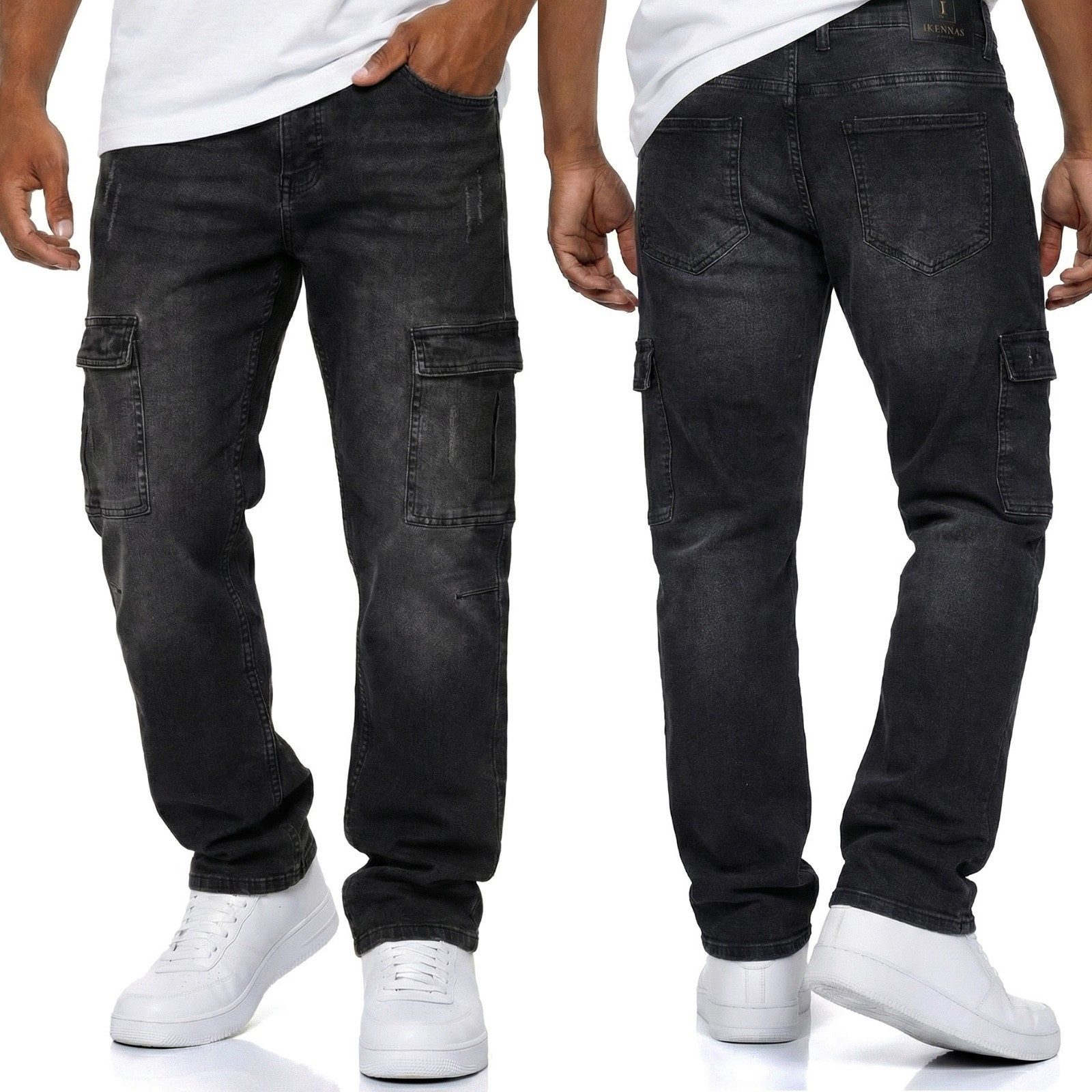 iKENNAS Cargojeans Herren Cargo Jeans Cargohose(2007 Cargo-Jeans) Schwarz W30 / L32