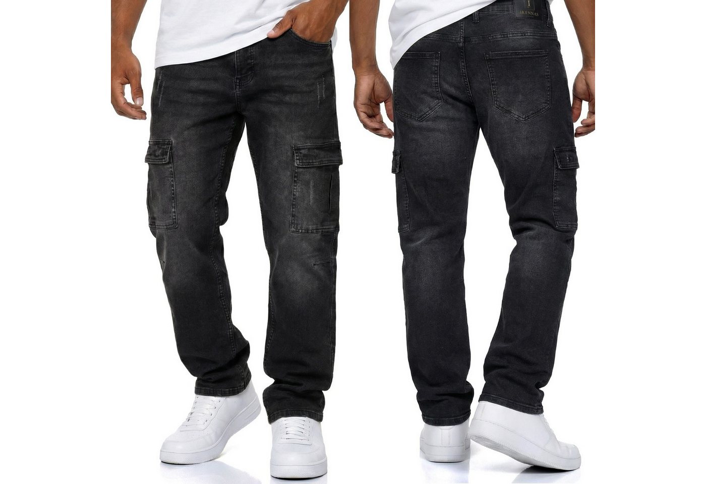 iKENNAS Cargojeans Herren Cargo Jeans Cargohose(2007 Cargo-Jeans) Schwarz W34 / L32