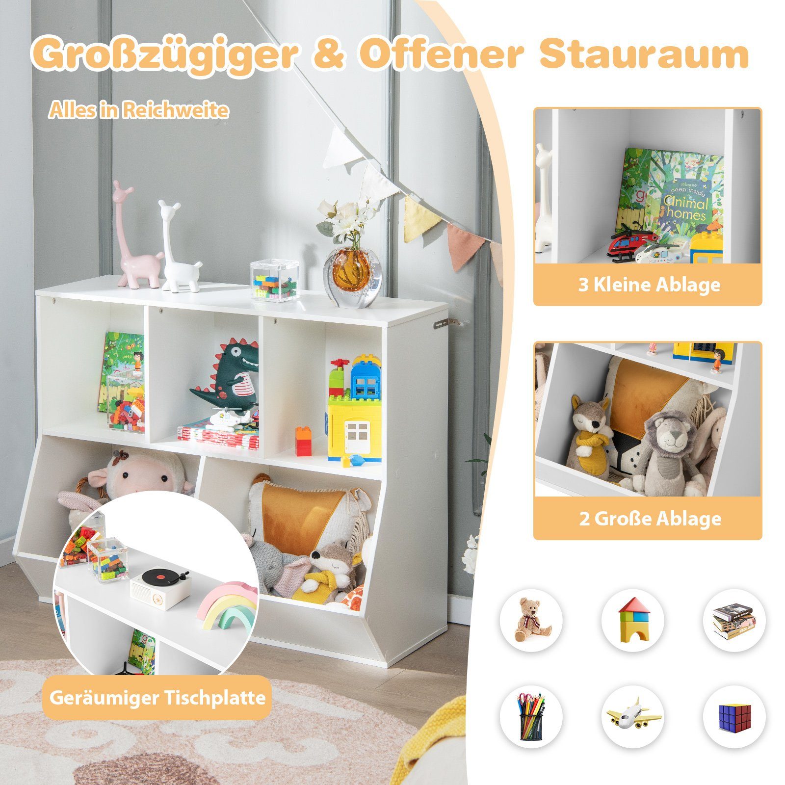 COSTWAY Bücherregal, Kinder, mit 5 Würfelfächern & Kippschutz, Holz, 90x40x76cm