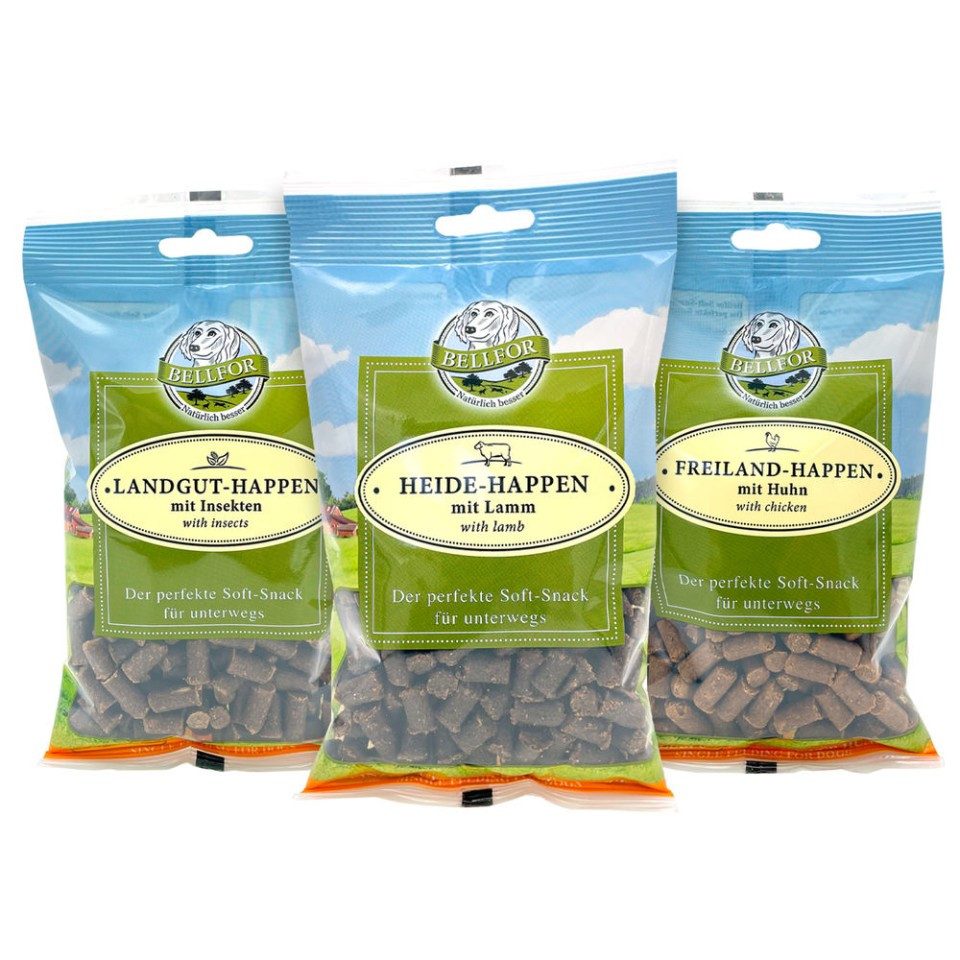 Bellfor Mix 3 Soft-snacks - Freiland-, Heide- & Landgut-Happen je 200g, Snack für: Hunde, getreidefrei, weiche Konsistenz, 3-teilig