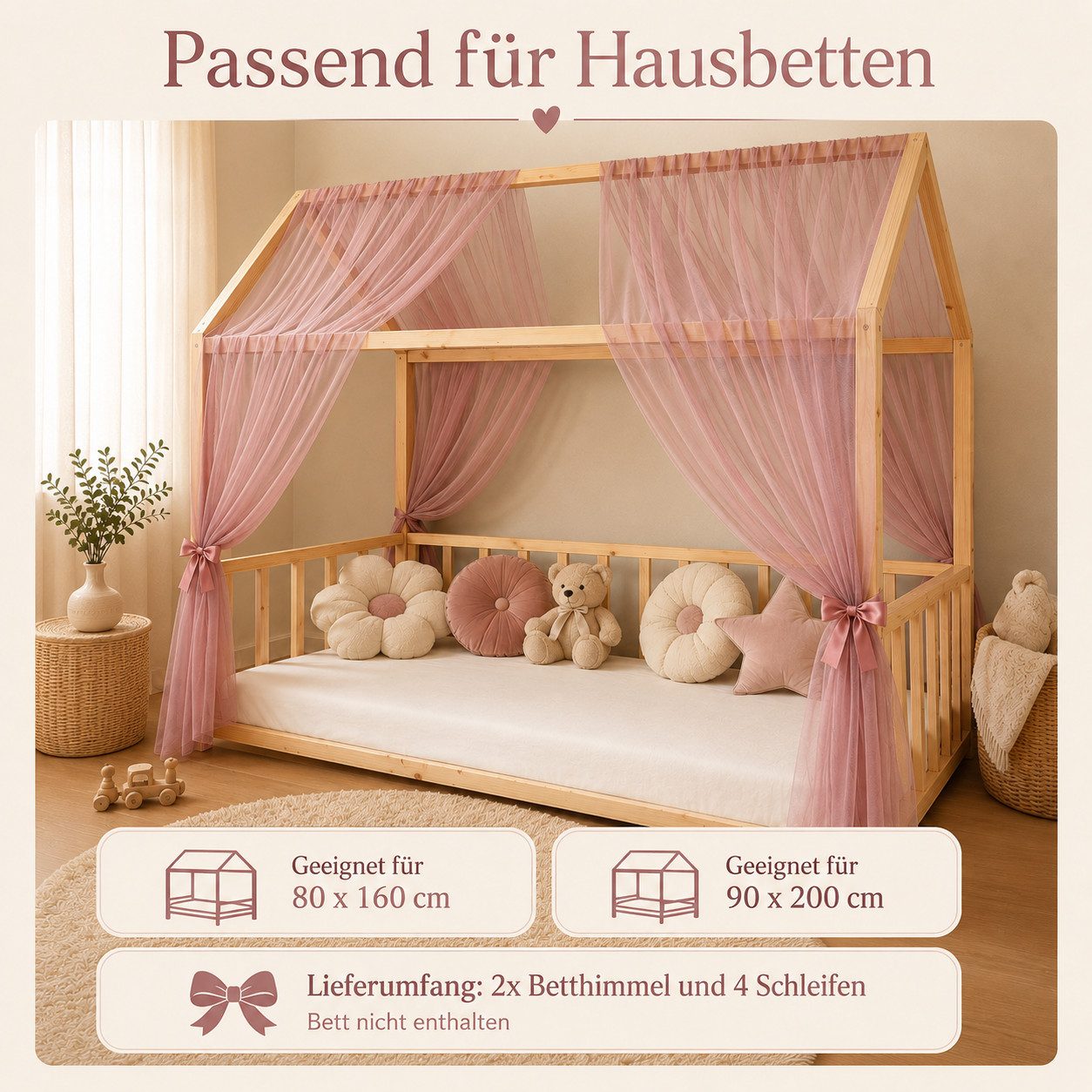 Baby Fancyroom Betthimmel Hausbett Himmel Premium Tüll, Baldachin für Kinderbett Mädchenzimmer, 2-teilig, mit 4 Schleifen, Premium Tüll