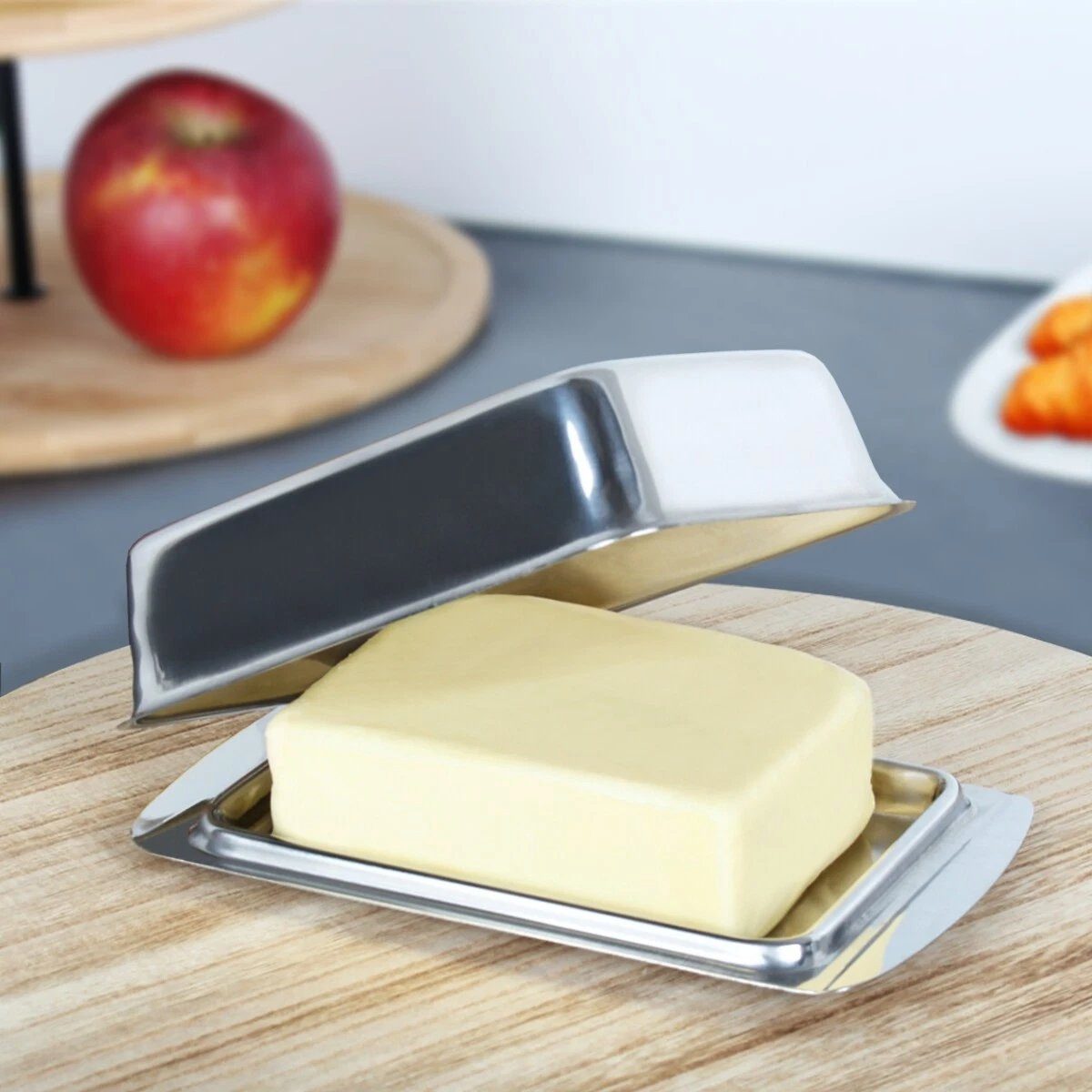 WestCraft Butterdose Metall Edelstahl Küchen Butterdose Porzellan 250 Gramm (silber), Edelstahl, (2-tlg), Alltagsbeständig, für grosses Stück Butter