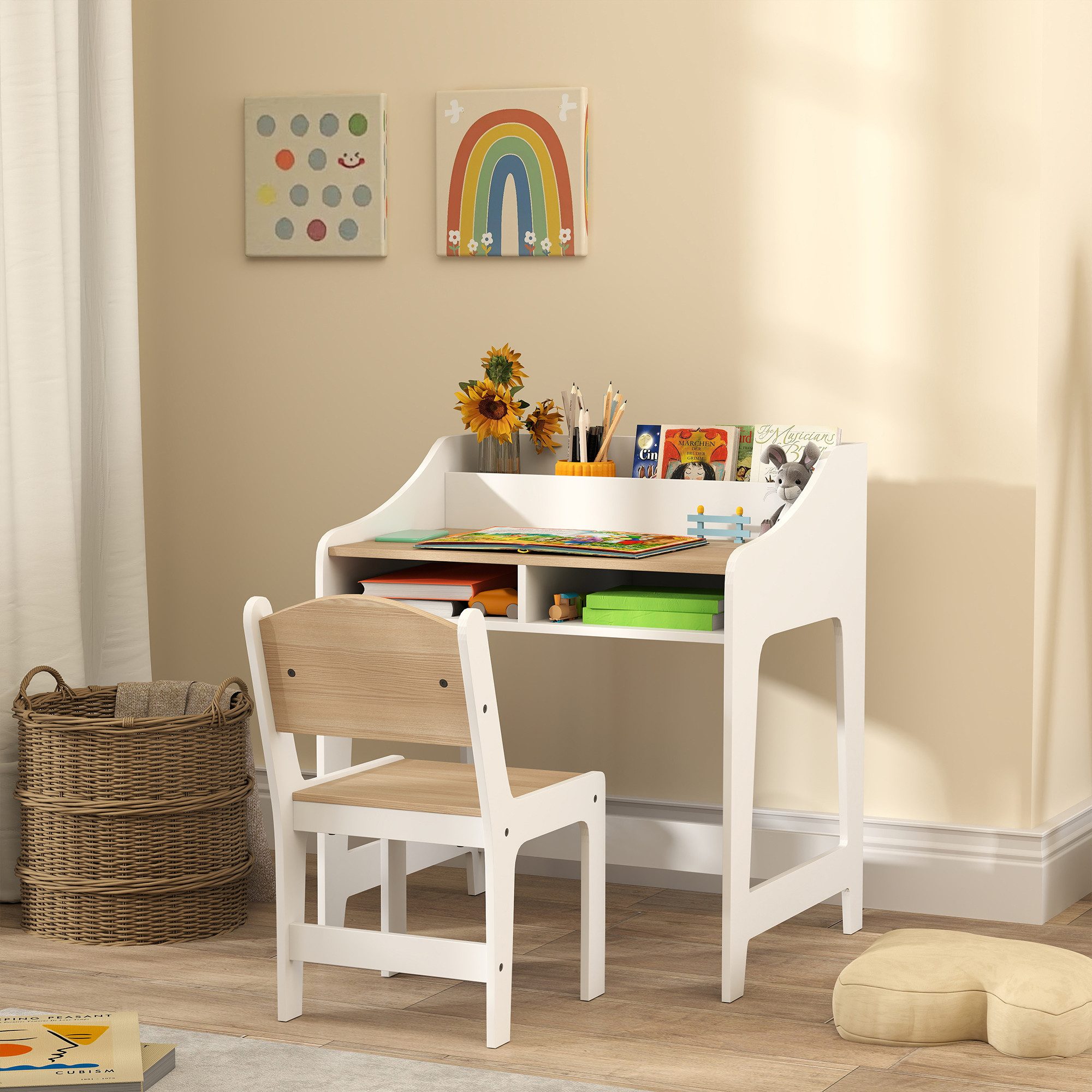 AIYAPLAY Kindertisch Kinderschreibtisch mit Tisch-Set, mit 5 Fächern, Natur (Schülerschreibtisch, 2-St., Kinder Schreibtisch und Stuhl), für Kinderzimmer, Naturholz