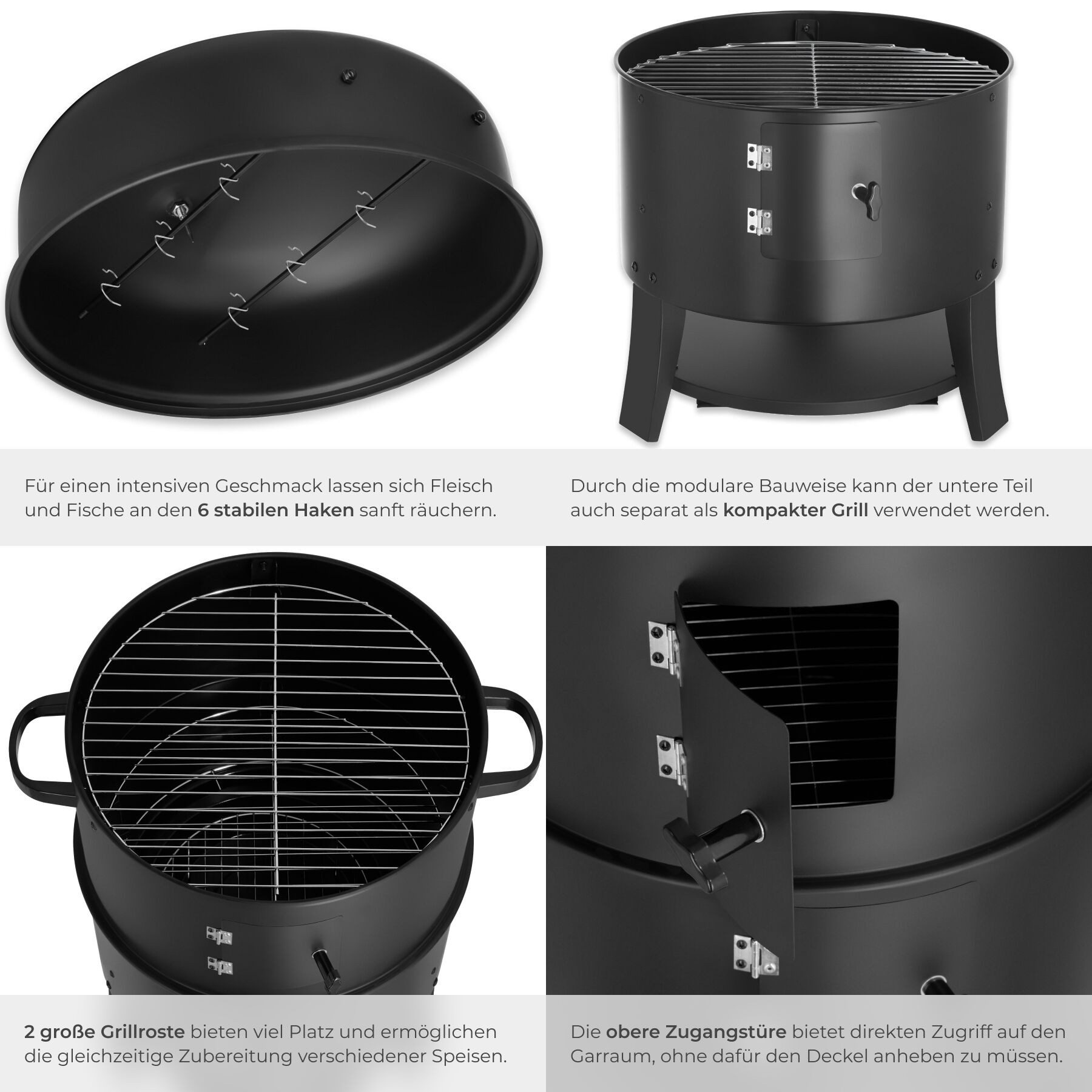 tectake Holzkohlegrill Smokerfass 3in1 mit 2 Rosten, Fasssmoker, in Schwarz, Inkl. Kohlerost, Ascheschale und Wasserschale für vielseitige Nutzung – Bild 5 von 5