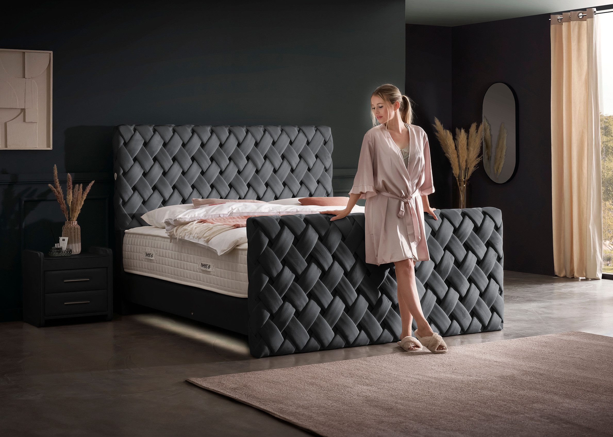BettCo Boxspringbett Luxus Crowne (in Anthrazit Picasso Velours, 140 x 200 cm), Hotelmatratze THE ONE