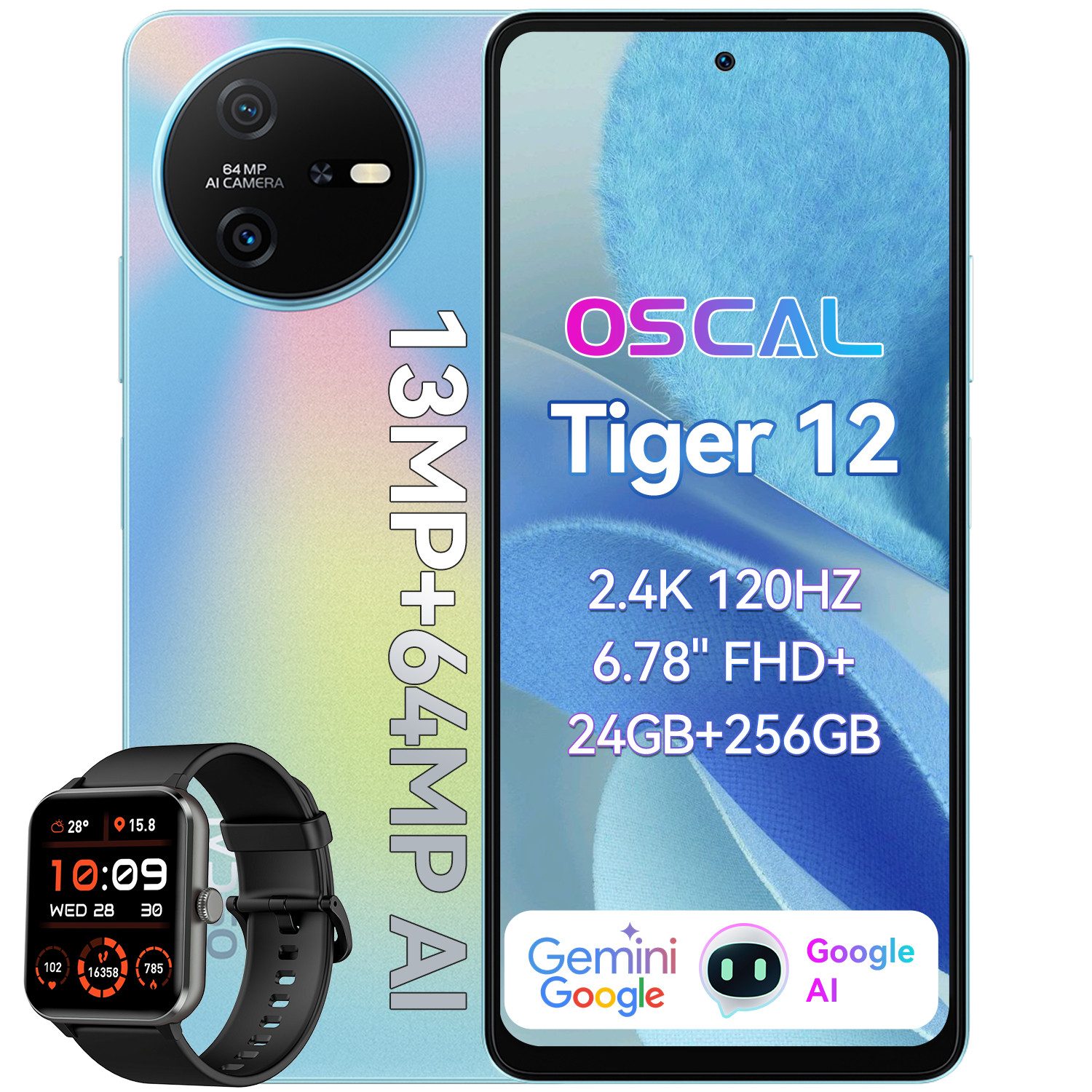 OSCAL TIGER 12 mit MediaTek Helio G99 incl. R50 AI Smartphone (6.56 Zoll, 256 GB Speicherplatz, 64 MP Kamera, 64MP, 5000 mAh Akku, Gemini AI, Face ID/Fingerabdruck, NFC)