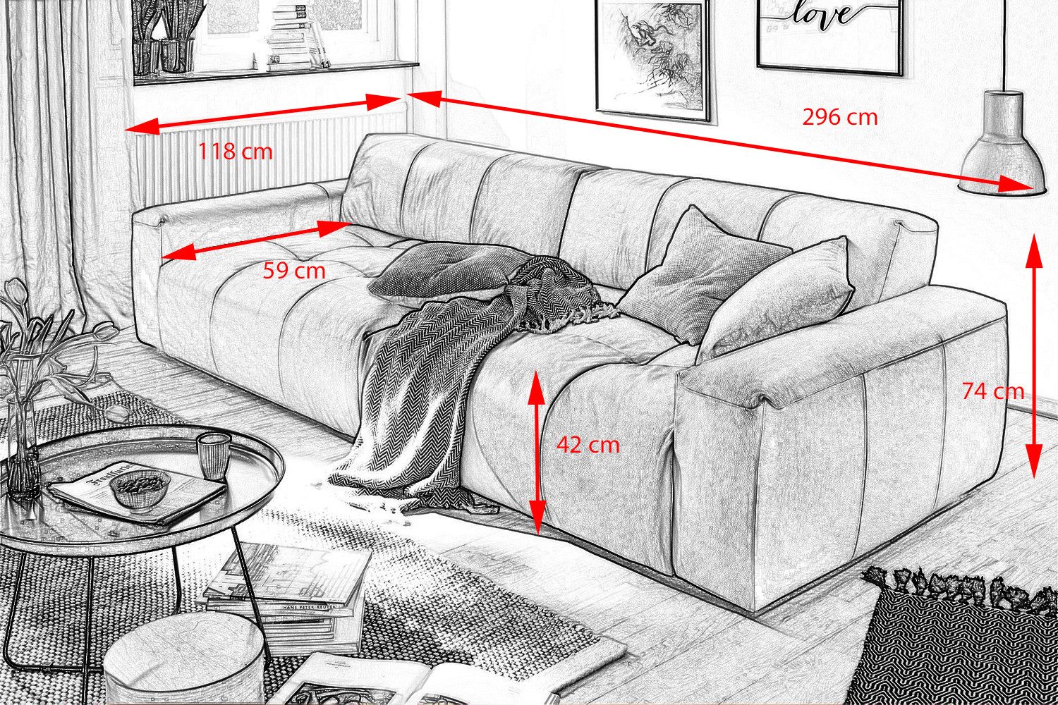KAWOLA 3-Sitzer PALACE, Big Sofa Couch mit Sitztiefenverstellung Leder verschiedene Farben