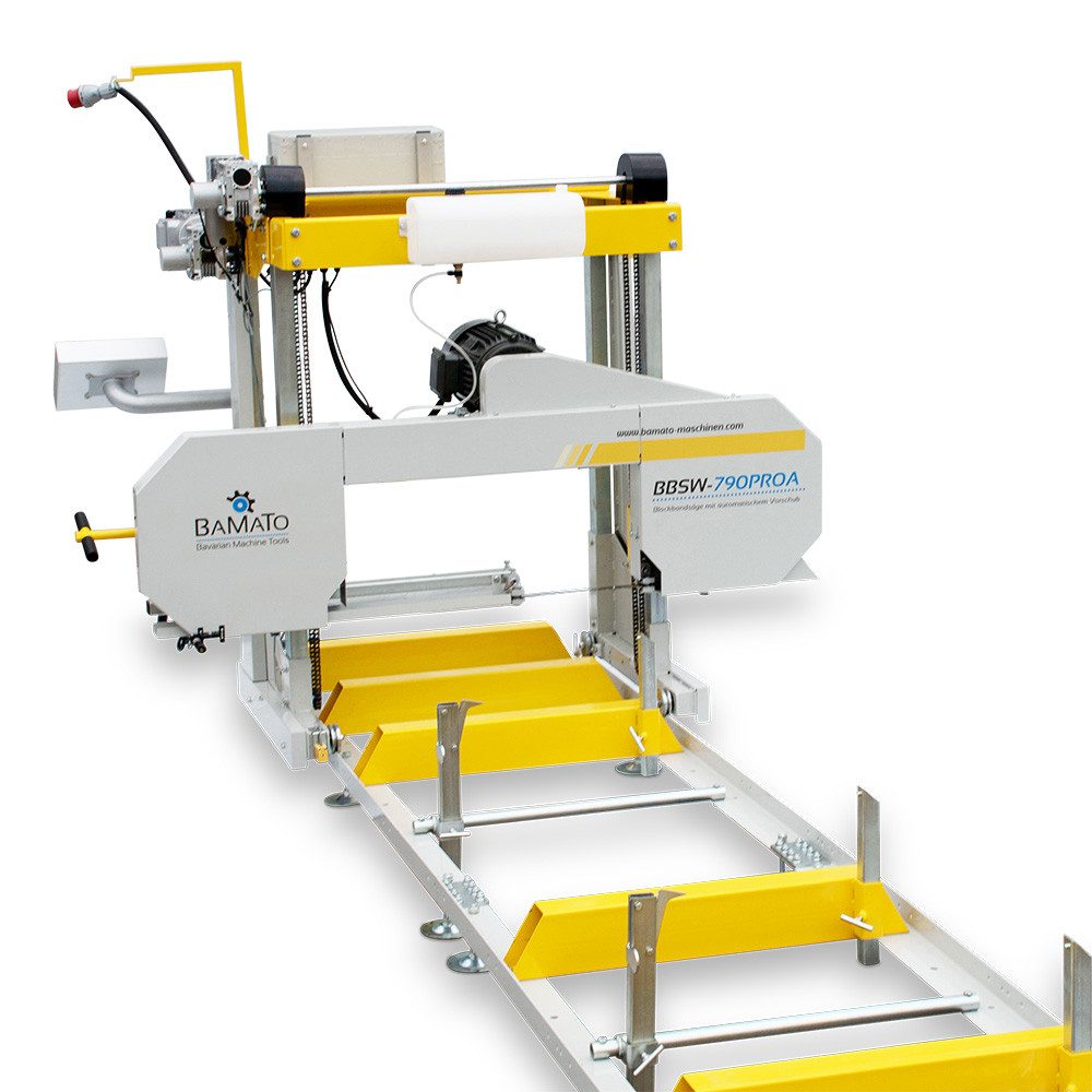 BAMATO Holzbandsäge BBSW-790PROA mit 5,9m Rollbahn und automatischem Vorschub, 1-St., Kühlmitteleinrichtung, el. Höhenverstellung, Blockbandsäge, Laser