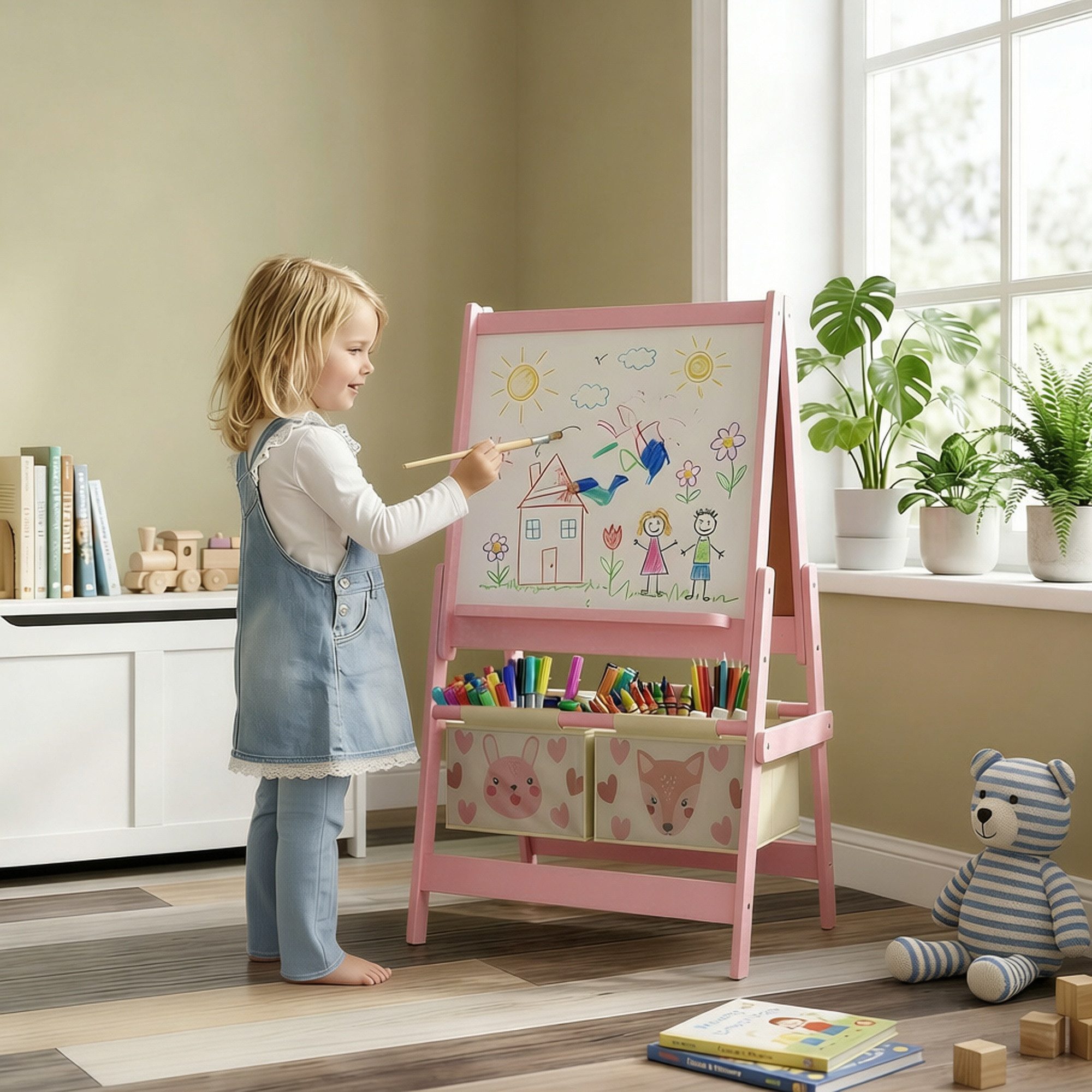 AIYAPLAY Tafel Staffelei Kindertafel Whiteboard mit Papierrolle inkl. Zubehör, (Standtafel, 1-tlg., Kinder Spieltafel), Rosa 54 x 46,5 x 93 cm – Bild 2 von 5