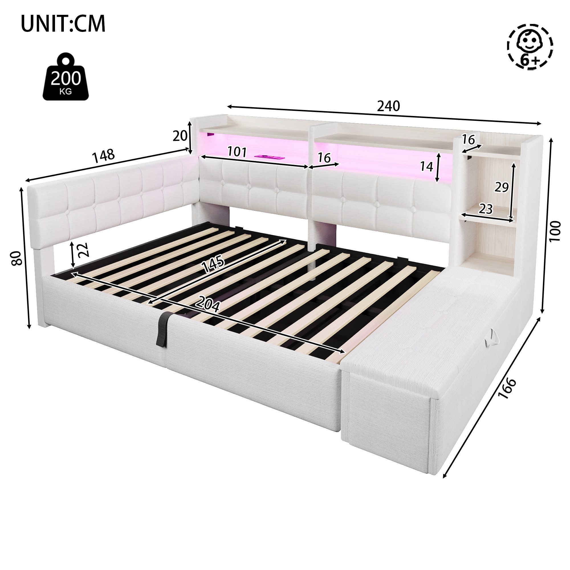 TavilaEcon Daybett Schlafsofa mit hydraulischer Lagerung, USB- und Typ-C-Anschlüssen (1 tlg), mit Ablagefach, Stauraumbank am Fußende, 140 × 200 cm, Weiß – Bild 4 von 5