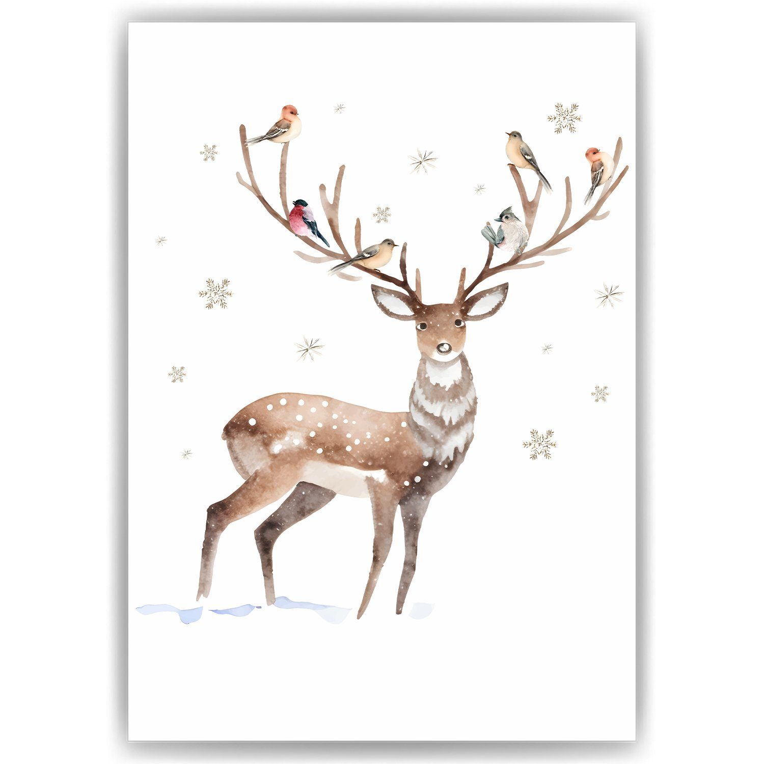 Tigerlino Poster Niedlicher Hirsch Weihnachtsbild Weihnachten Kunstdruck Weihnachtsdeko, DIN A4 (21x29,7 cm)