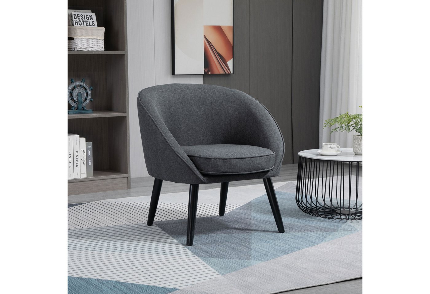 HOMCOM Relaxsessel Sessel mit Leinen-Optik Holzbeine Polstersessel für Schlafzimmer (Bürostuhl, 1-St., Loungesessel), Grau 71 x 65 x 75 cm