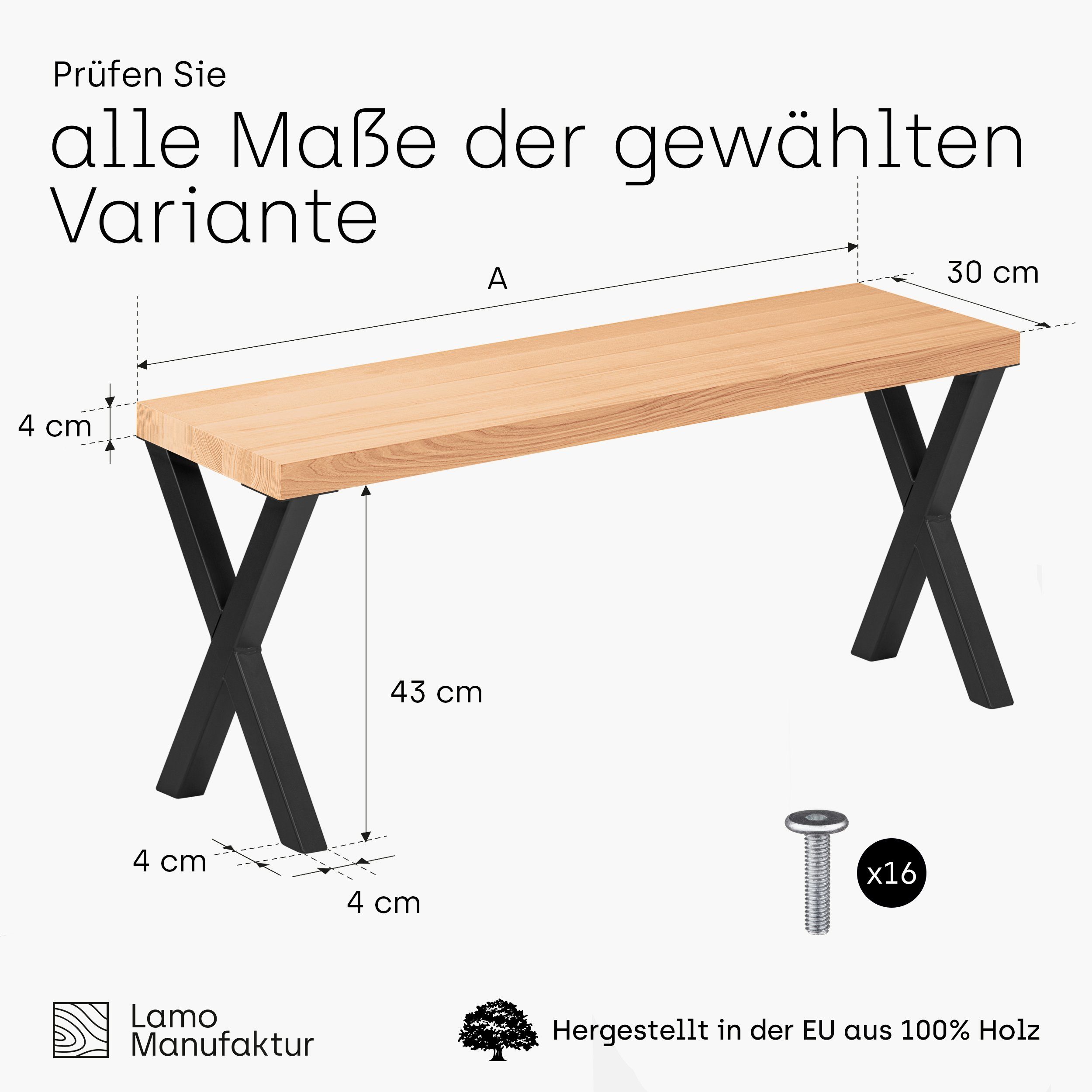 LAMO Manufaktur 40mm LSB Massivholzplatte 3-Teilig), Natur | stake (Komplett-Set, Sitzbank Schwarz Essbank