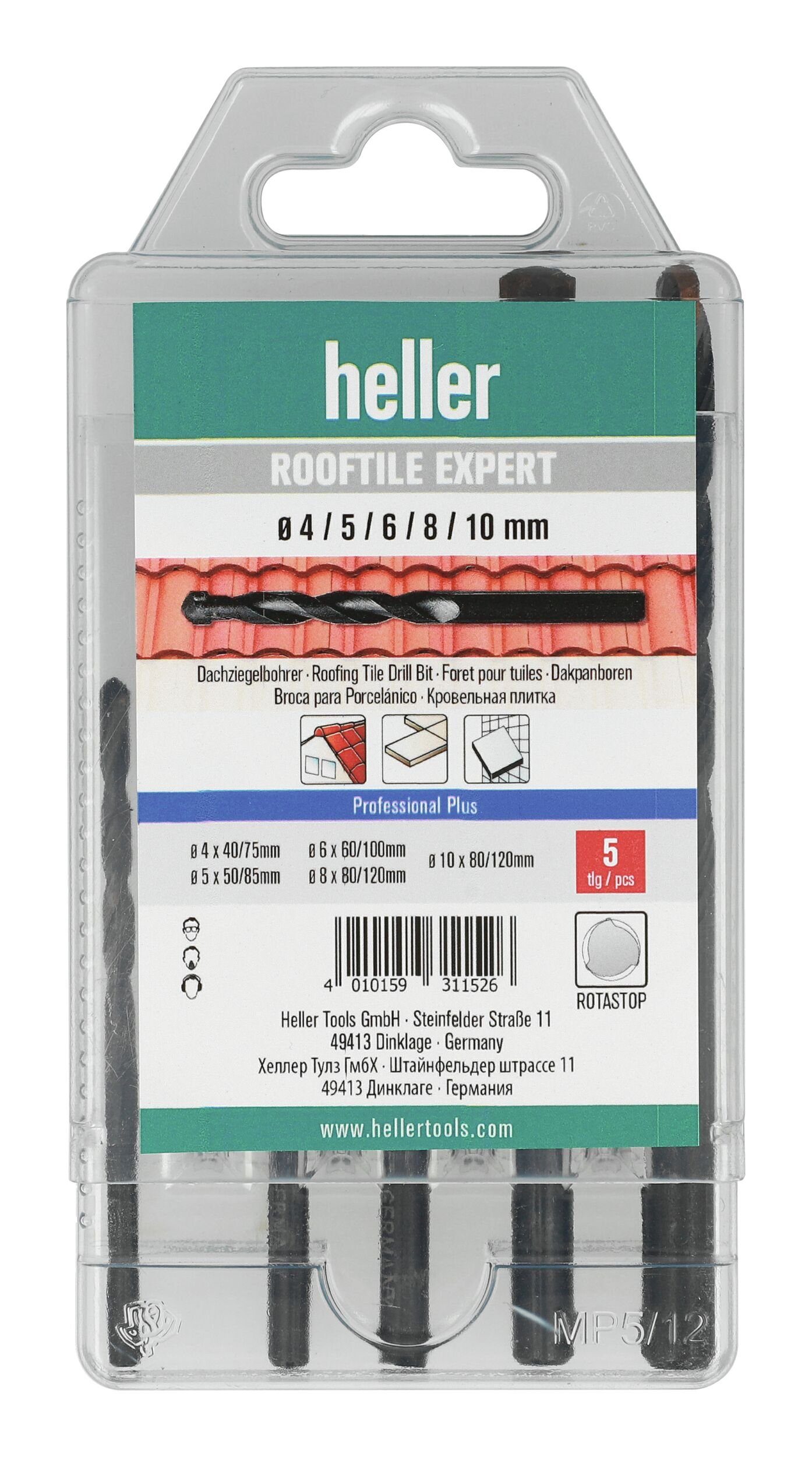 Heller Steinbohrer, (5-tlg), Dachziegelbohrer-Satz Rooftile Expert 4/5/6/8/10 mm