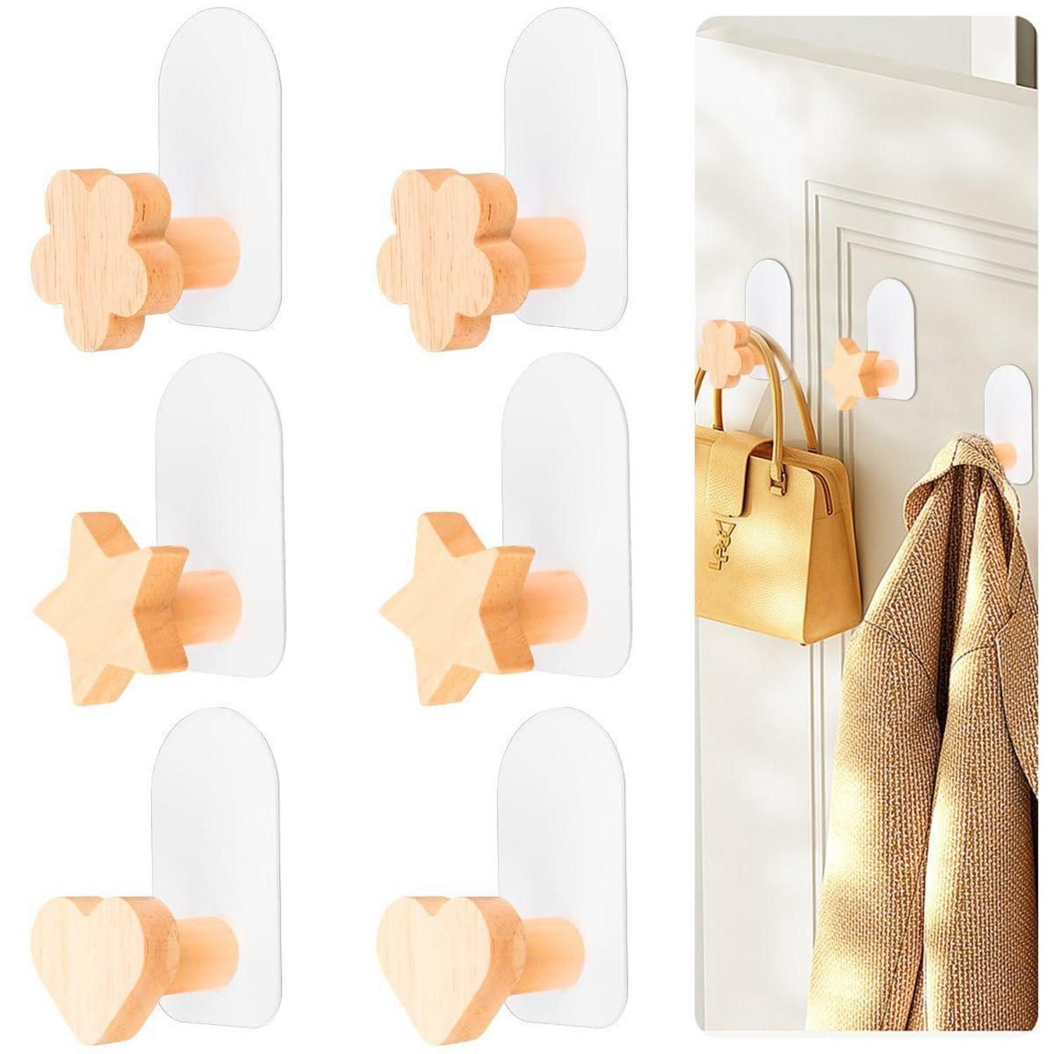 LuxusKollektion Wandhaken 6x Holz Wandhaken Selbstklebend ohne Bohren, (6-St)