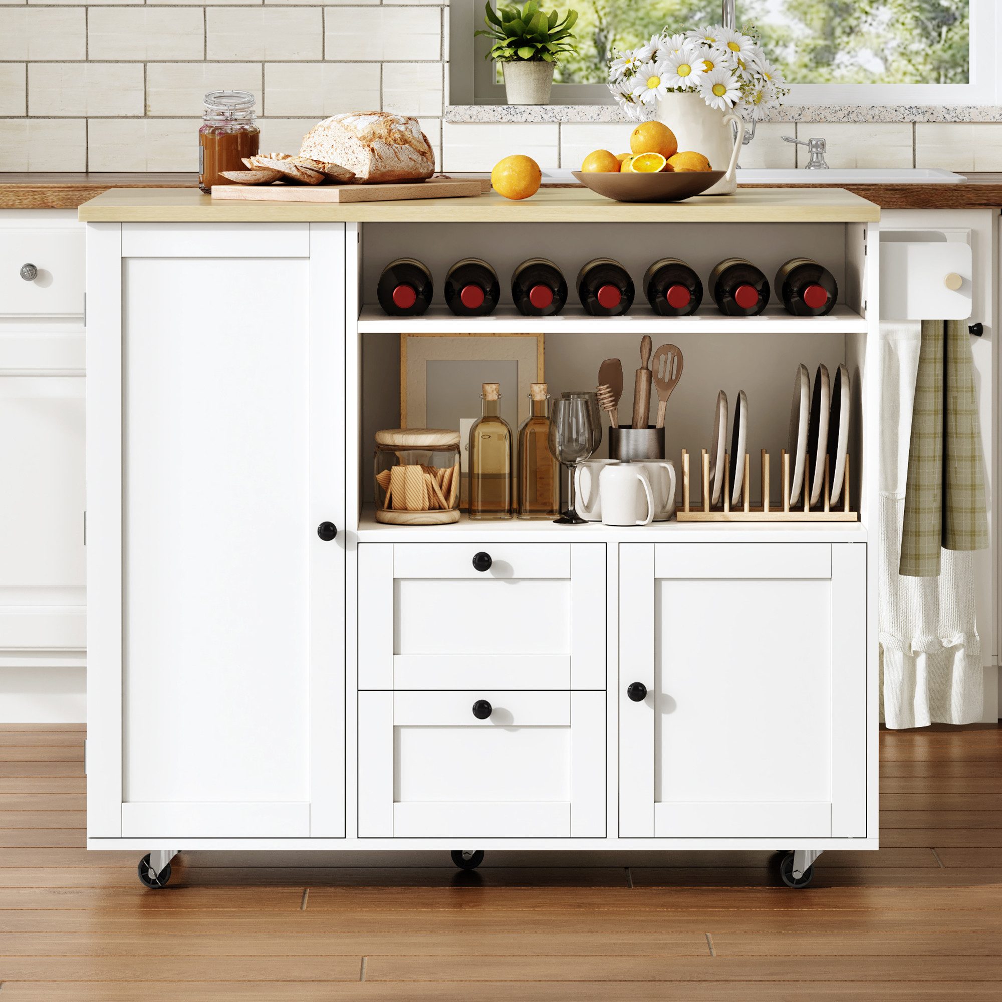 Ulife Kücheninsel mit klappbarer Arbeitsplatte, Küchenwagen, integriertem Weinregal, mit Handtuchhalter, Schublade, 104 × 45 (69) × 89 cm, Nature Und Weiß