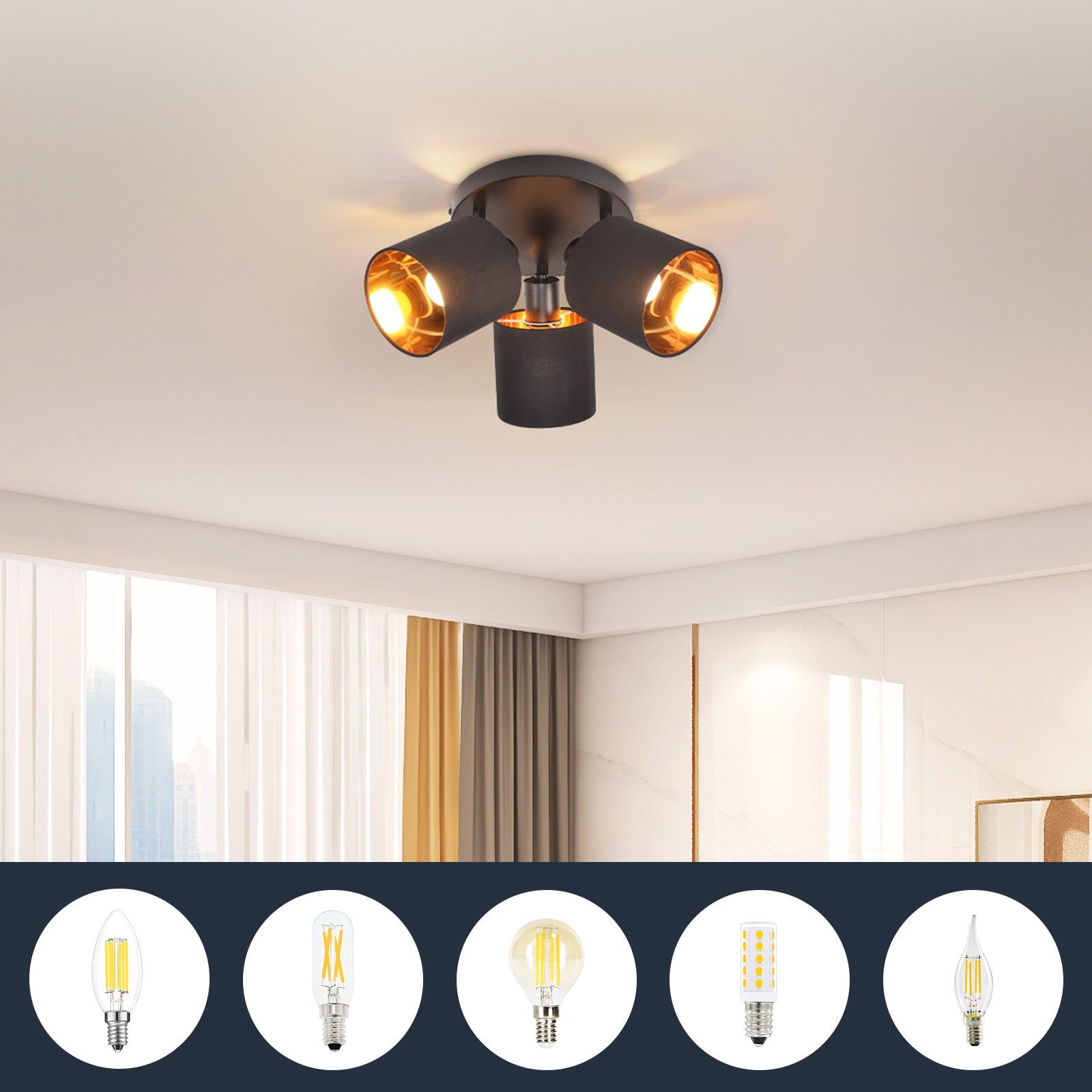 ZMH Deckenleuchte 3 Flammig E14 Deckenstrahler Vintage Deckenspot Schwenkbar, ohne Leuchtmittel, Stoffschrim Modern für Wohnzimmer Schlafzimmer Küche