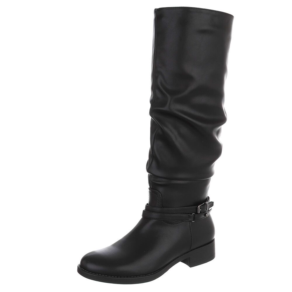Ital-Design Damen Langschaftstiefel mit Schnalle, flacher Absatz Stiefel (92125604) Blockabsatz Flache Stiefel in Schwarz