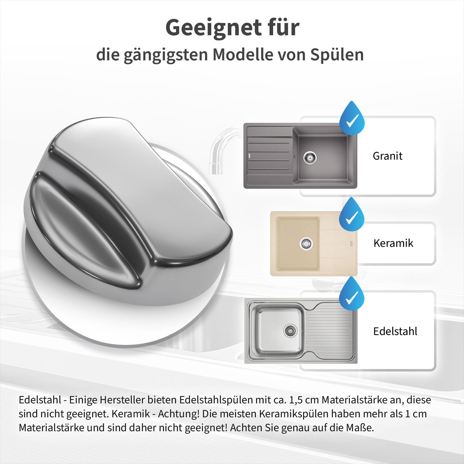 AQUADE Ventilkappe Drehknopf 46mmØ Kunststoff, hochglanzpoliert aus Kunststoff für Drehexcenter Spüle