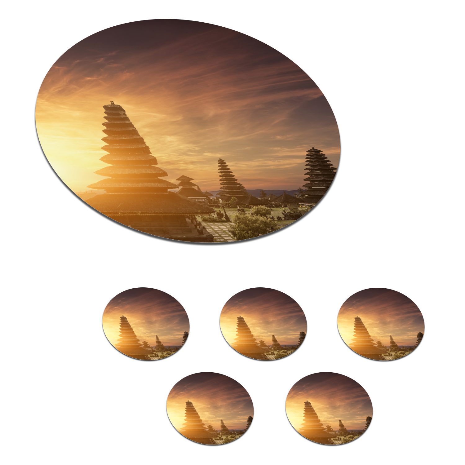 MuchoWow Glasuntersetzer Sonnenuntergang am Pura Besakih-Tempel auf Bali, Zubehör für Gläser, 6-tlg., Getränkeuntersetzer, Tassenuntersetzer, Korkuntersetzer, Tasse, Becher