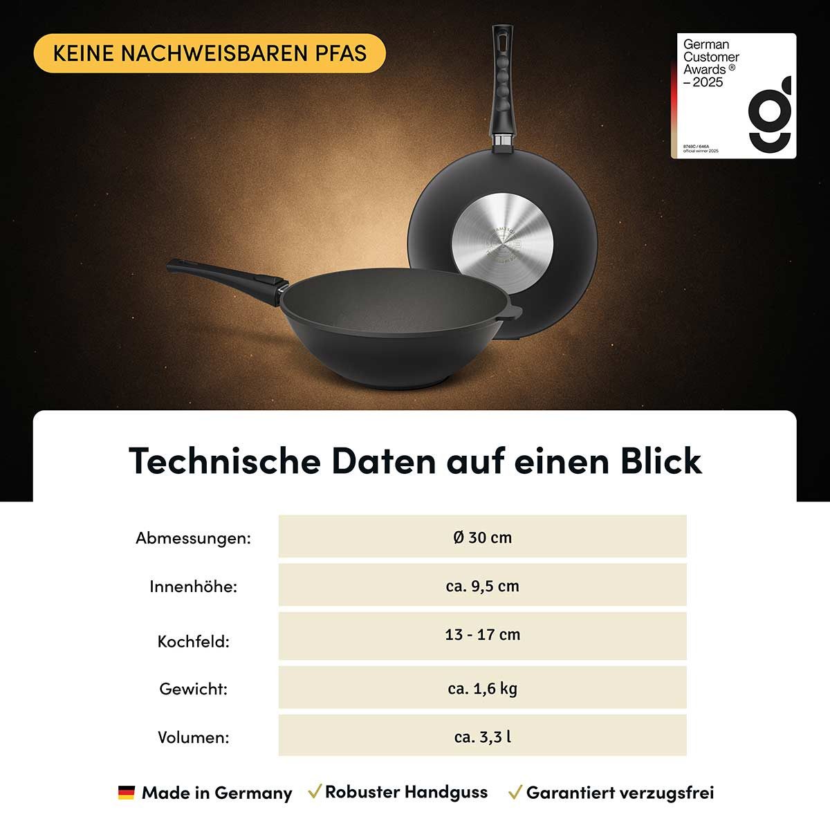 Hoffmann Germany Wok Hoffmann STONIQ Wokpfanne Ø 30 cm IQ-SHIELD Bernd Zehner mit Deckel, Aluguss (Set, 2-tlg., 1x Wokpfanne Ø 30 cm + 1x Glasdeckel), Bernd Zeh – Bild 4 von 5