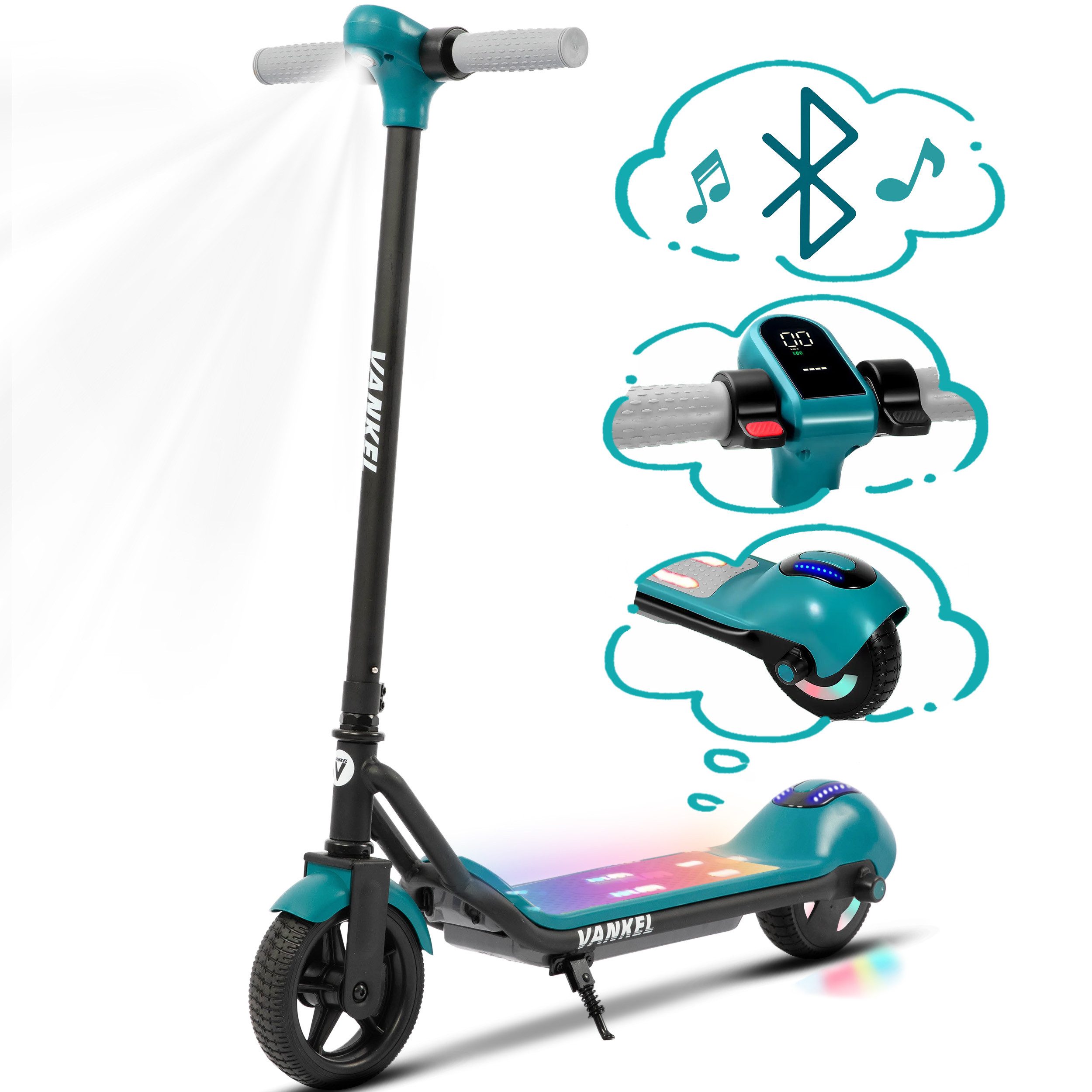 Vankel Elektro-Kinderroller E-Scooter für Kinder ab 6 Jahren, Bluetooth, 14 km, mit LED-Licht, Bunte Beleuchtung, E-Roller für Garten, Hof und Familienausflüge