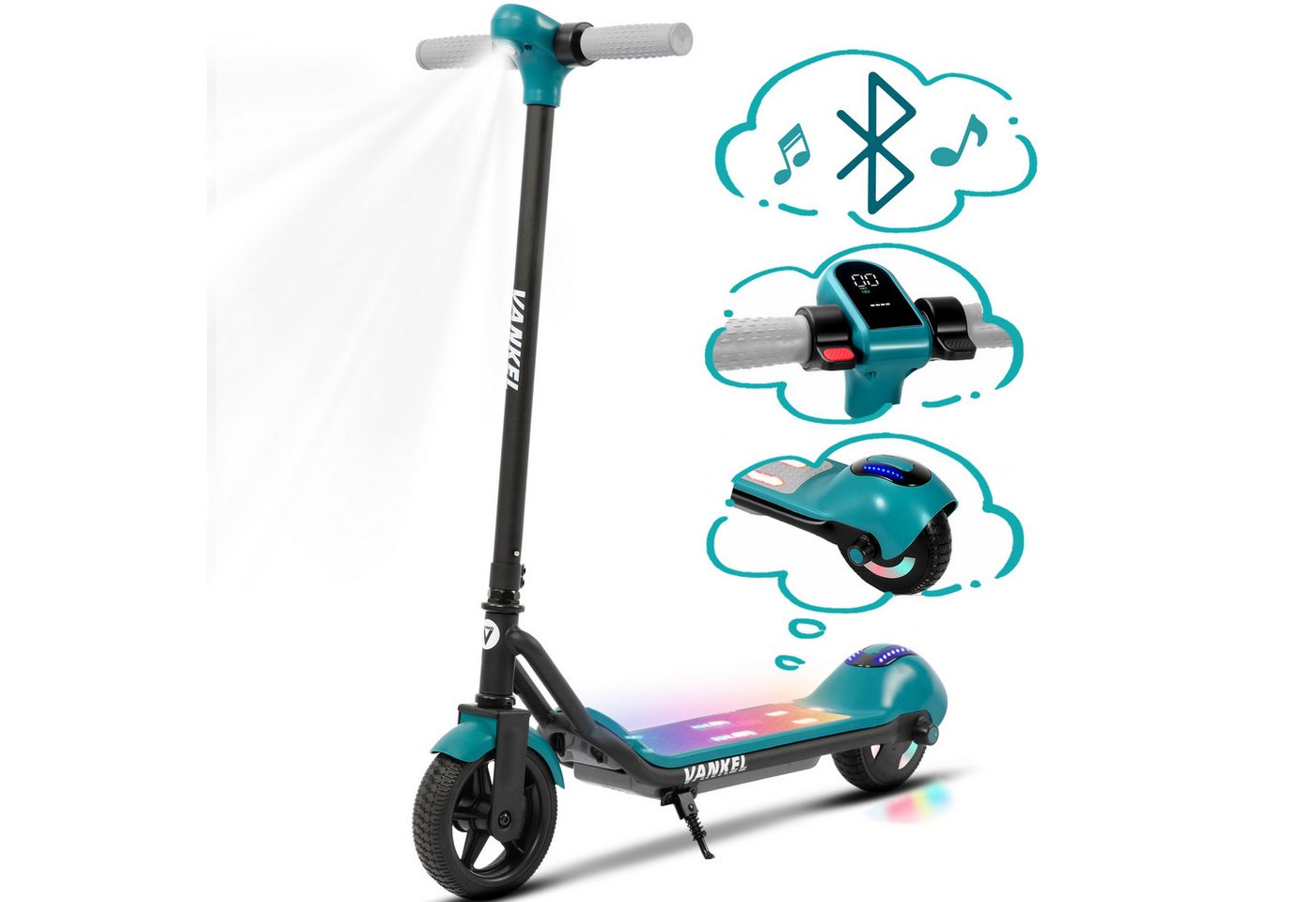 Vankel Elektro-Kinderroller E-Scooter für Kinder ab 6 Jahren, Bluetooth, 14 km, mit LED-Licht, Bunte Beleuchtung, E-Roller für Garten, Hof und Familienausflüge
