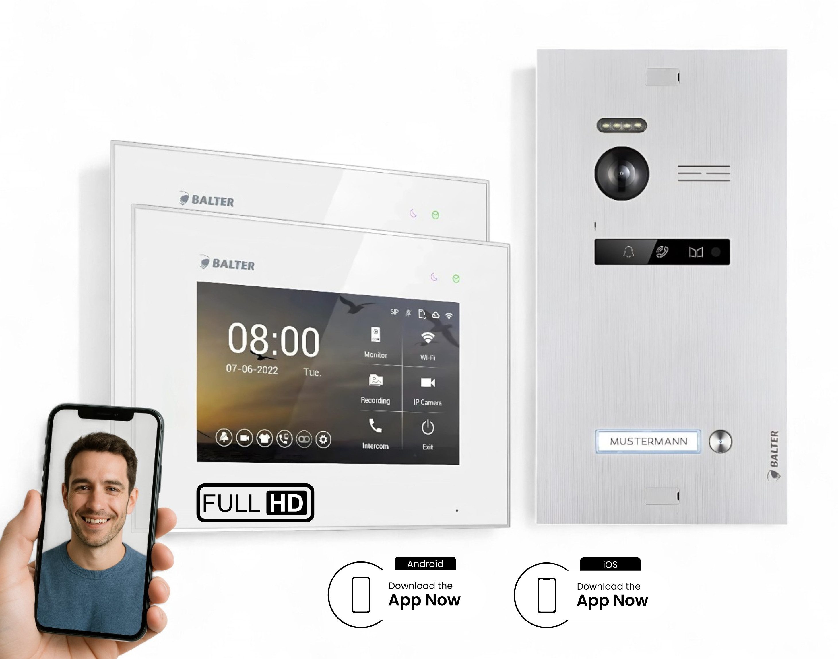 Balter Video-Türsprechanlage BALTER HD WLAN Video Sprechanlage EVO, 2x 1-Familienhaus Silber Weiß (Set, 1-Familienhaus, Komplettset, Full HD 175° Kamera, App-Steuerung)