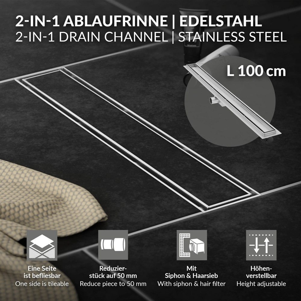 Thumbnail - LuxeBath Duschrinne Edelstahl Doppelseitige Bodenablauf 2in1, Komplettset Bodenbefestigung, Duschablauf, Siphon mit Geru...