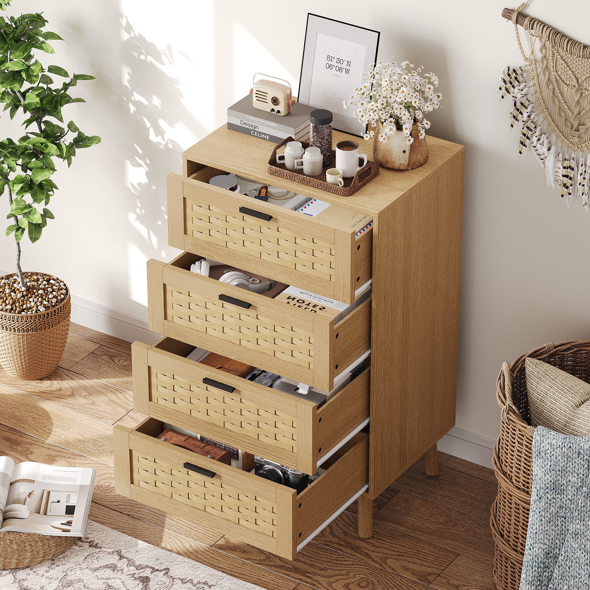 Simurq Schubkastenkommode Kommode mit 4 Schubladen aus Rattan-Optik Stauraumschrank (Set, 1-tlg., für Schlafzimmer, Wohnzimmer und Flur, 55x39.8x95 cm), Cannage-Optik Sideboard Boho-Stil viel Stauraum Naturfarben