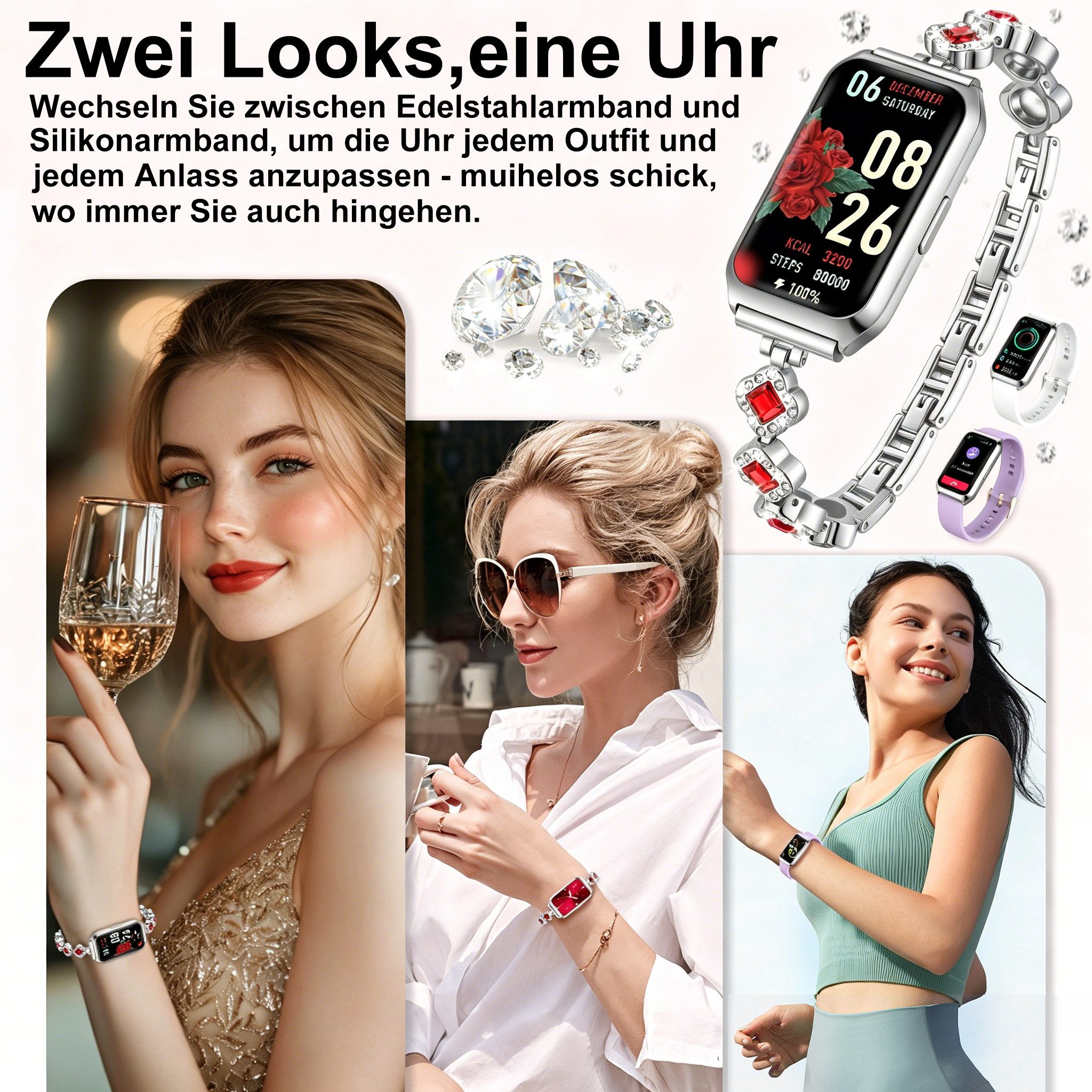 Luckice Smartwatch Damen, Intelligente Multifunktions-Sportuhr,Tracker Uhr Smartwatch (Smartwatch Fitness Tracker Uhr IP68 Wasserdicht,1.7" HD Voll Touchscreen Fitnessuhr Tracker mit Blutsauerstoff/Pulsmesser/Sportuhr/Schrittzähler/Schlafmonitor Aktivitätstracker usw für iOS/Android Uhren Watch) cm)