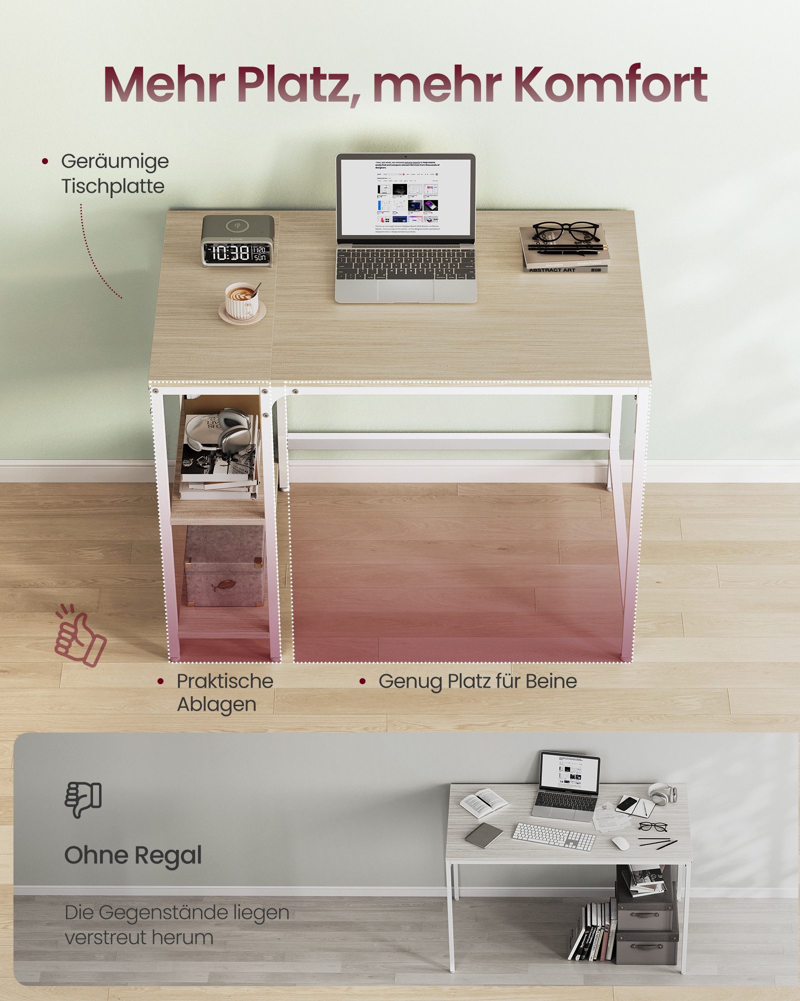 VASAGLE Schreibtisch Computertisch, Tisch, Bürotisch, 100/120/140cm, mit 2 Ablagen, moderner Stil